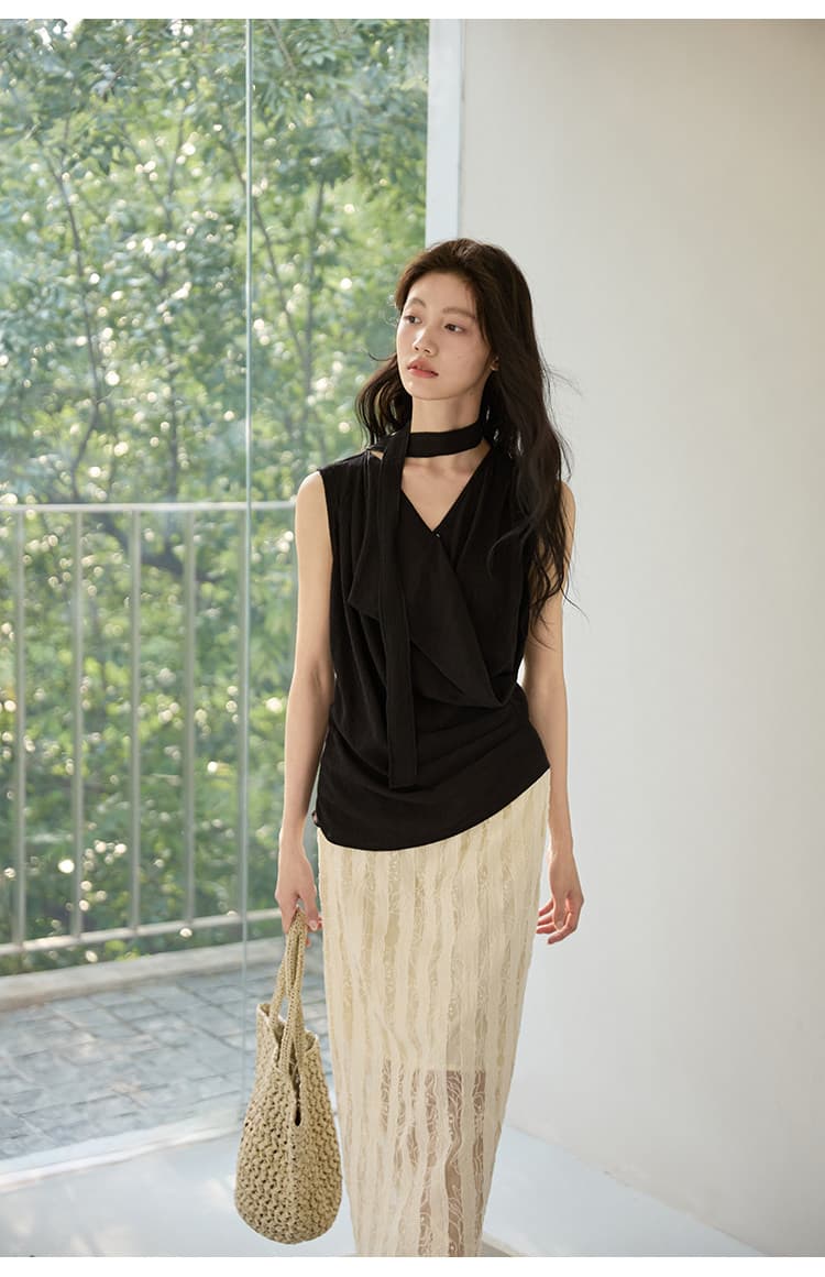 질감 센스 비대칭 디자인 측면 허리 수신 Pleat 민소매 맨위 상세 이미지 33