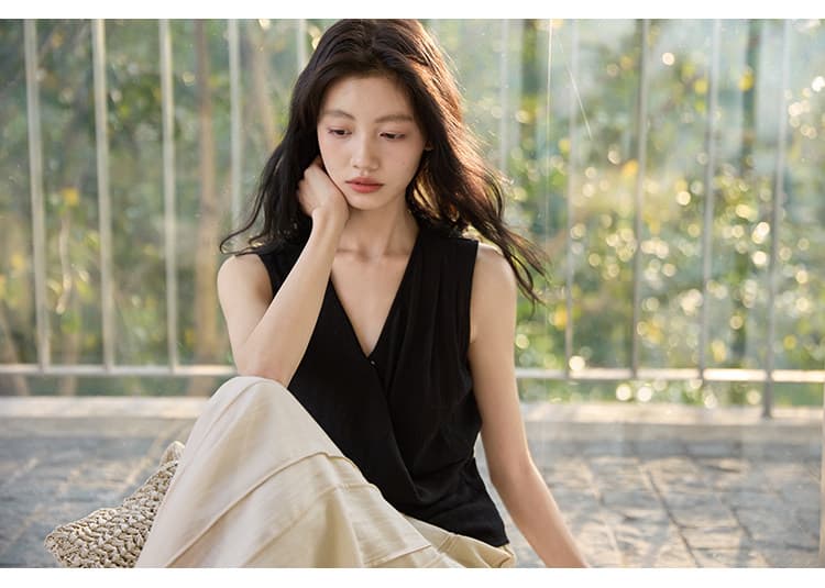 질감 센스 비대칭 디자인 측면 허리 수신 Pleat 민소매 맨위 상세 이미지 37