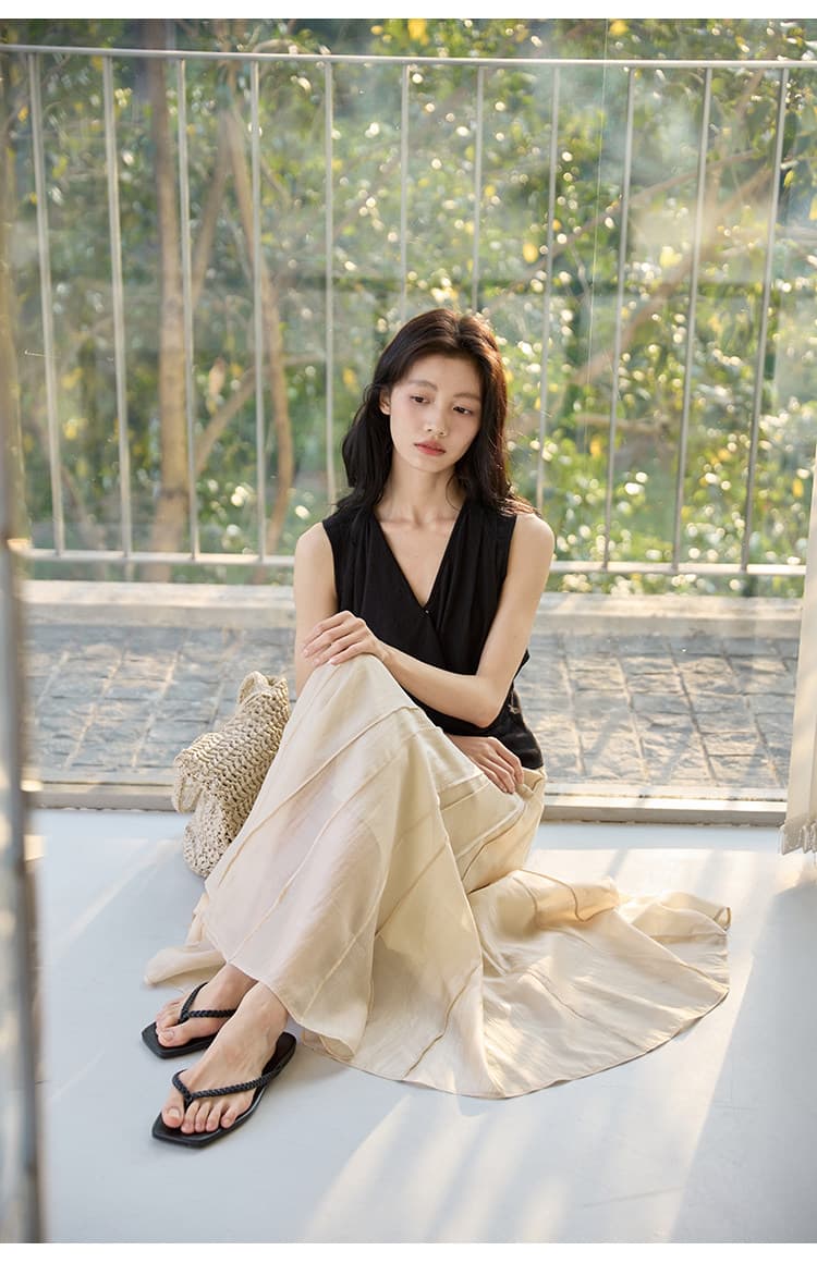 질감 센스 비대칭 디자인 측면 허리 수신 Pleat 민소매 맨위 상세 이미지 38