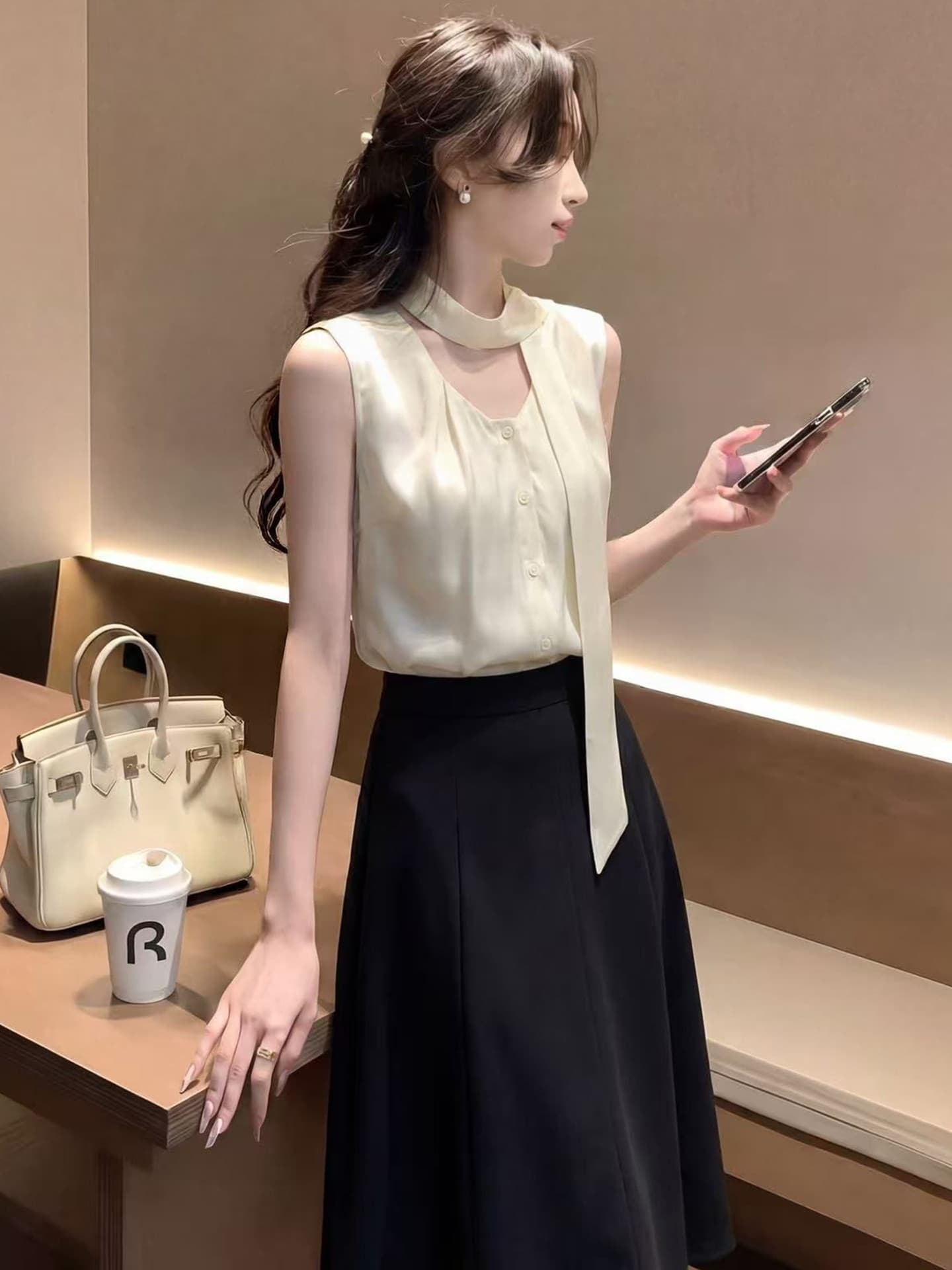 프랑스식 우아함 바람 다용도 섹션 민소매 리본 여성 셔츠 여름 새로운 고급 절묘한 출퇴근 바람 품격 맨위