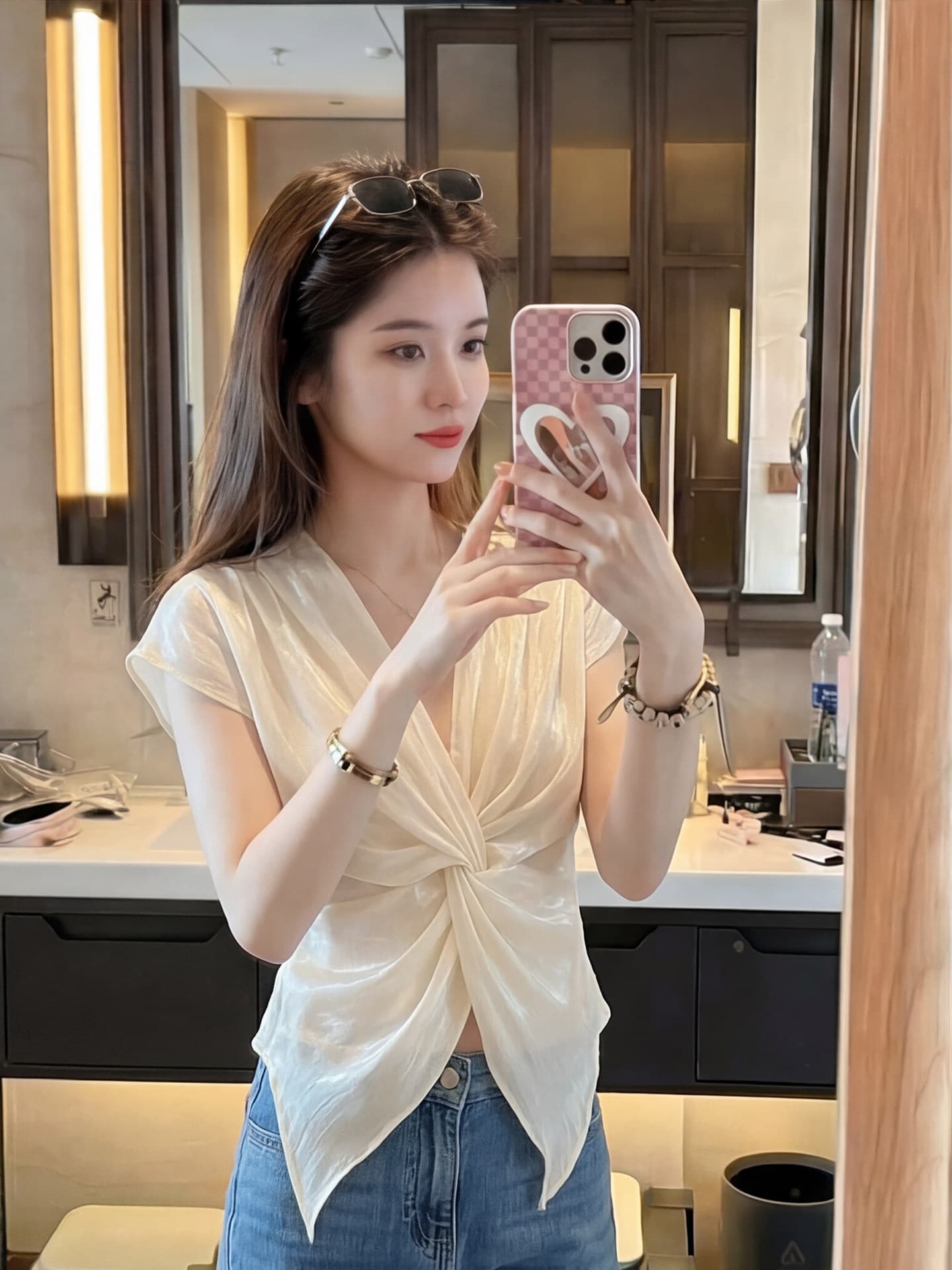 프랑스식 십자가 V넥 쉬폰 여성 셔츠 여름 고급 센스 아마 민소매 작은 셔츠 밑단 불규칙 Tulle 맨위 상세 이미지 4