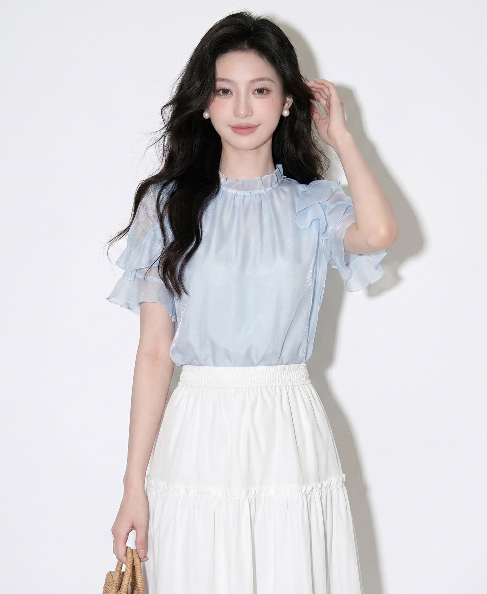 여름 새로운 프랑스식 출퇴근 바람 연꽃 잎 소매 레이스 칼라 쉬폰 셔츠 파란색 고급 센스 부드러운 맨위 상세 이미지 2