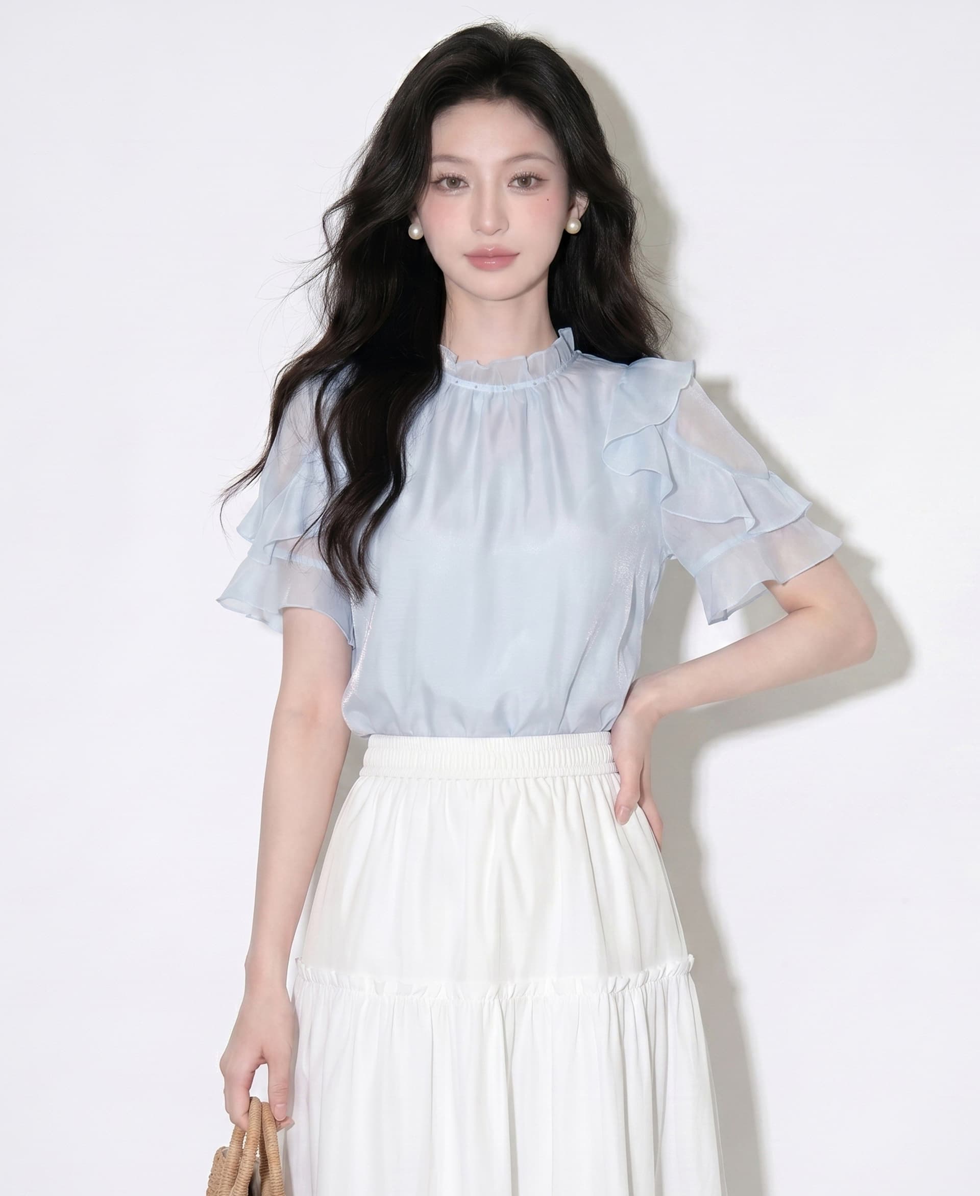 여름 새로운 프랑스식 출퇴근 바람 연꽃 잎 소매 레이스 칼라 쉬폰 셔츠 파란색 고급 센스 부드러운 맨위 상세 이미지 3