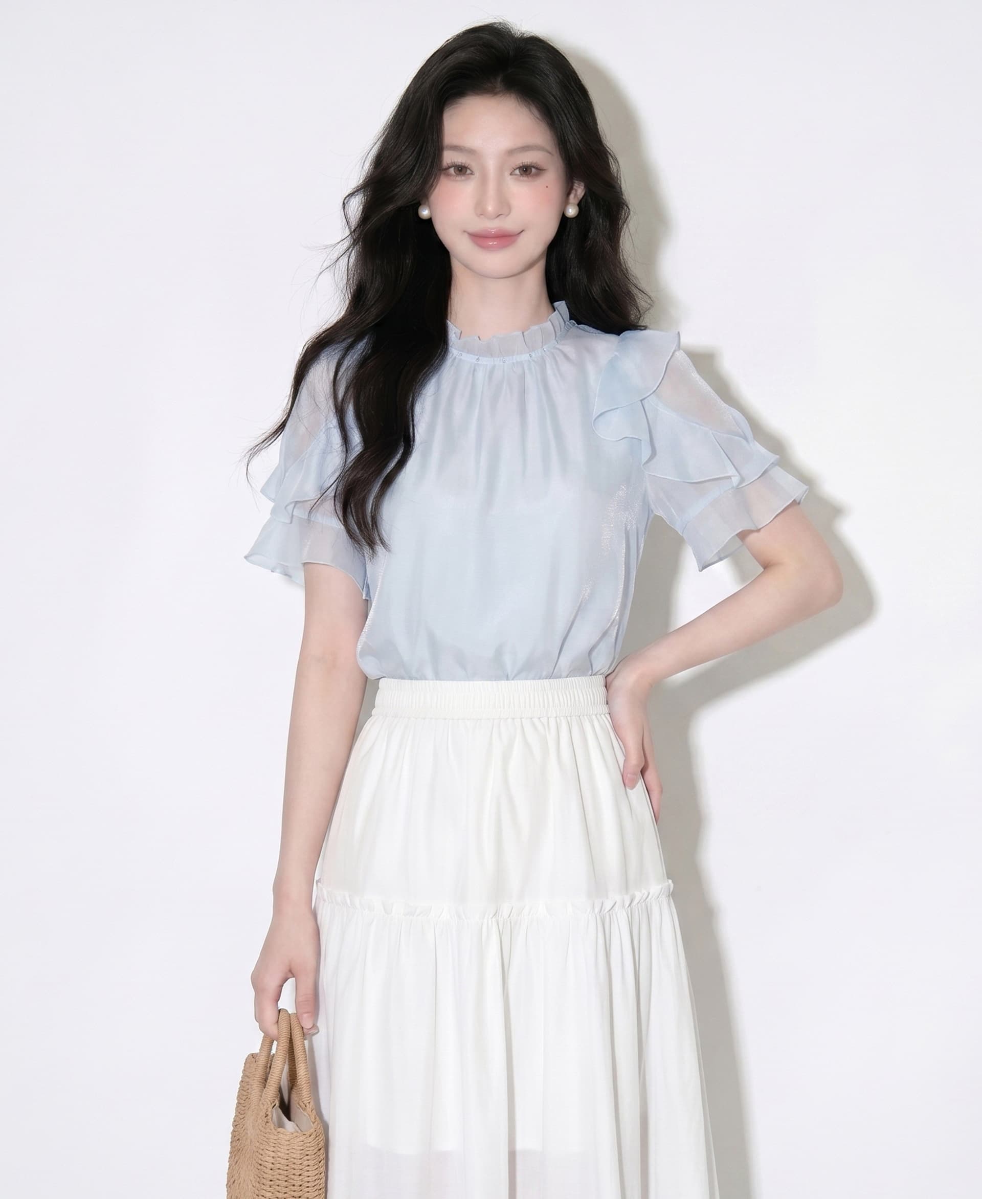 여름 새로운 프랑스식 출퇴근 바람 연꽃 잎 소매 레이스 칼라 쉬폰 셔츠 파란색 고급 센스 부드러운 맨위 상세 이미지 4