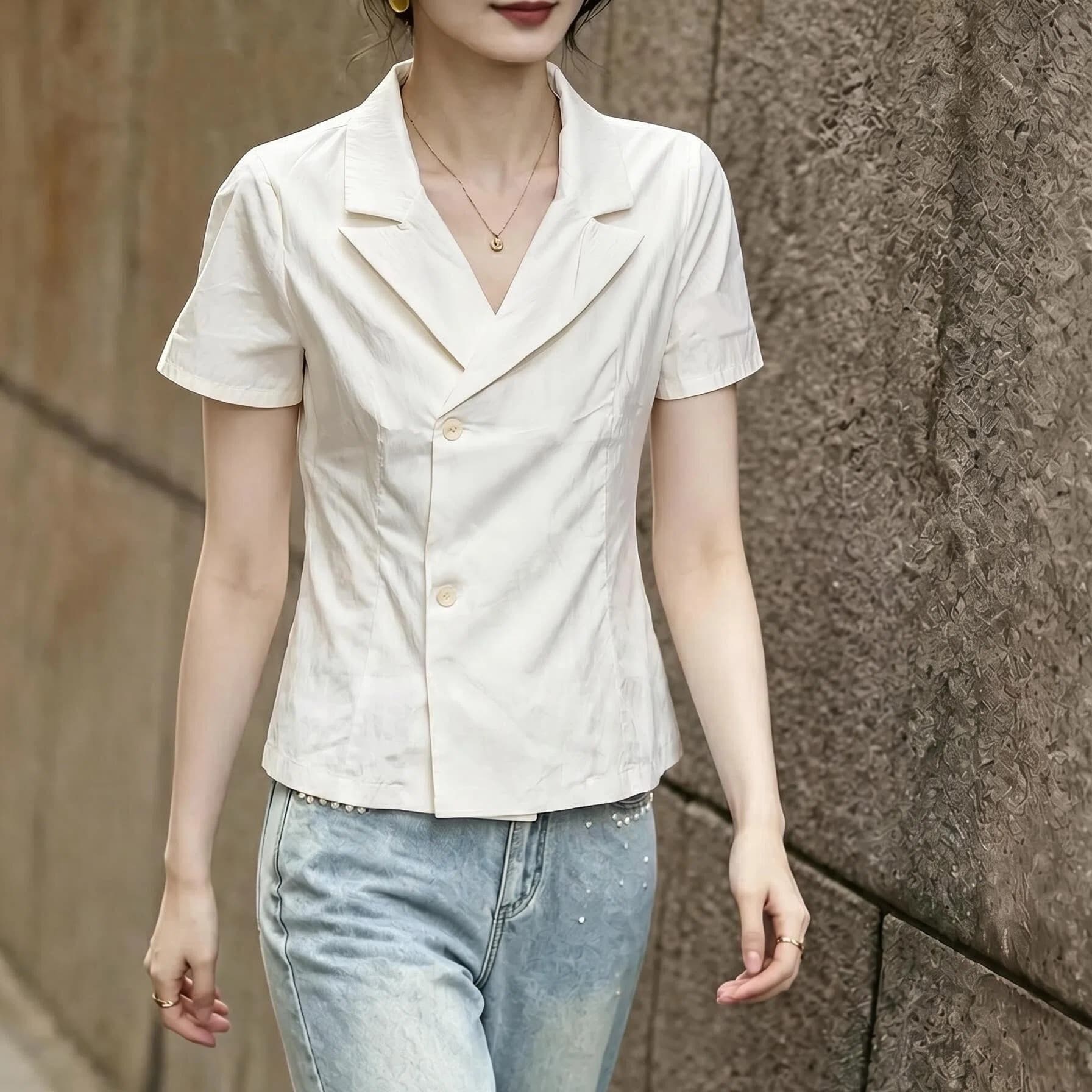 한 부서 살구 색상 긍정적 인 어깨 반팔 V넥 여성 셔츠 2026 여름 고유 한 정장 칼라 셔츠 허리 수축 아름다운 맨위 이미지 5