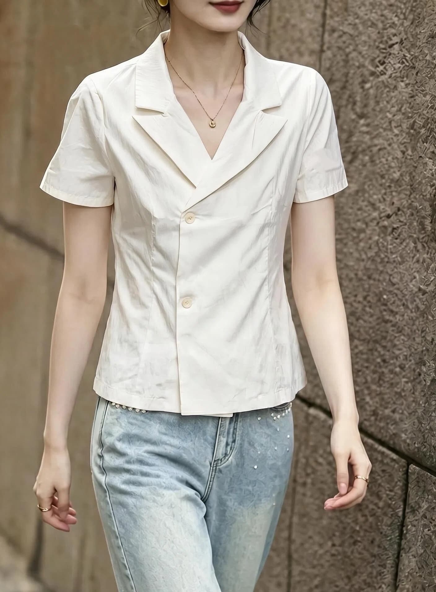 한 부서 살구 색상 긍정적 인 어깨 반팔 V넥 여성 셔츠 2026 여름 고유 한 정장 칼라 셔츠 허리 수축 아름다운 맨위 상세 이미지 1