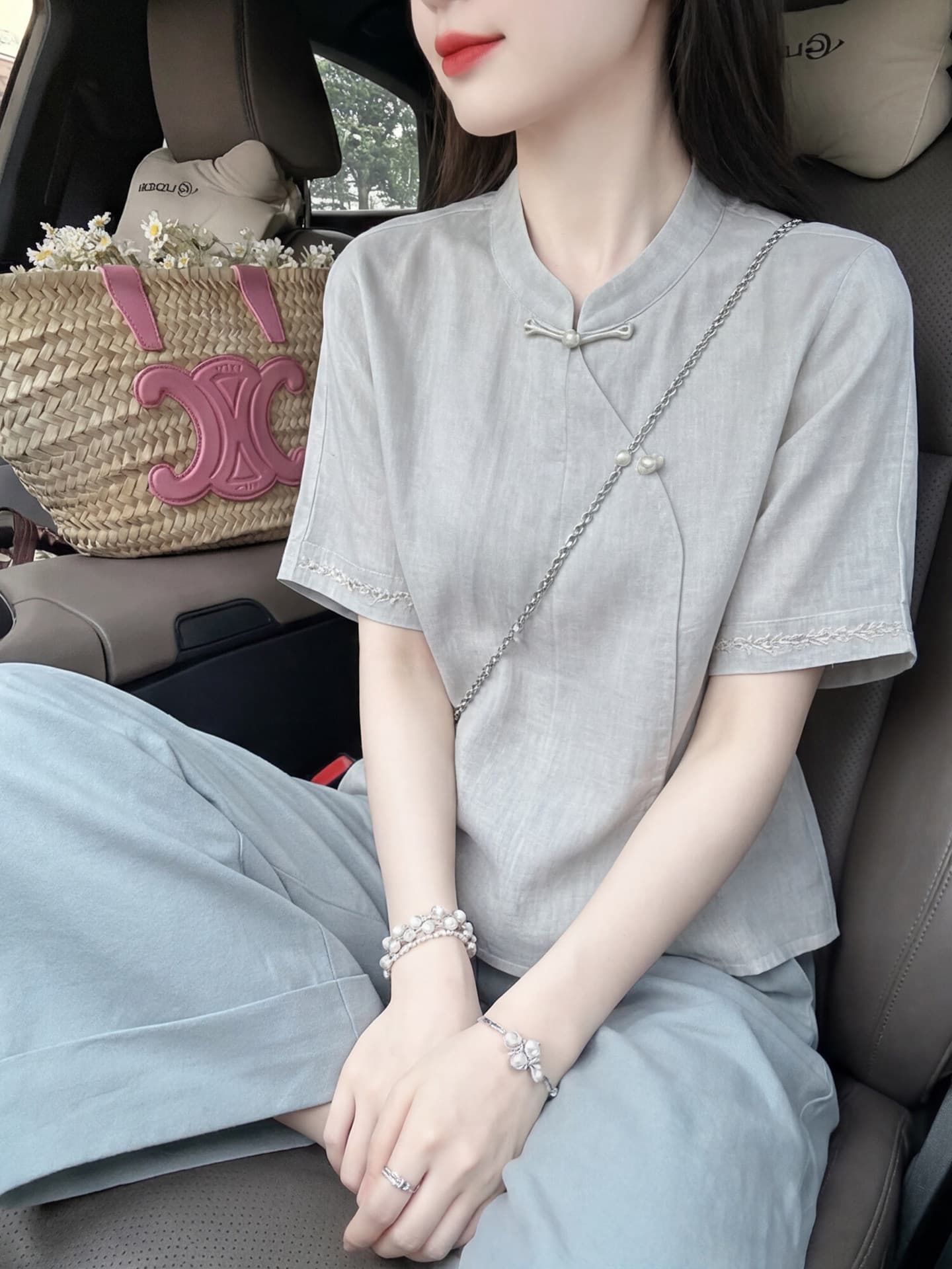 새로운 중식 스탠드 칼라 모방 아마 여성 셔츠 여름 개선 단추 자수 반팔 루즈핏 국풍 품격 작은 셔츠 맨위 이미지 2