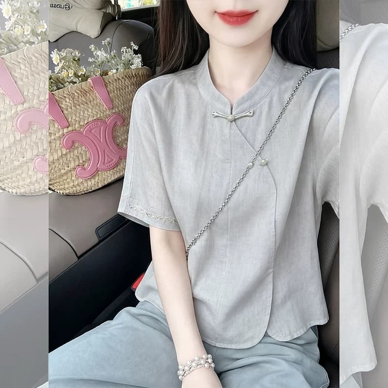 새로운 중식 스탠드 칼라 모방 아마 여성 셔츠 여름 개선 단추 자수 반팔 루즈핏 국풍 품격 작은 셔츠 맨위 이미지 5