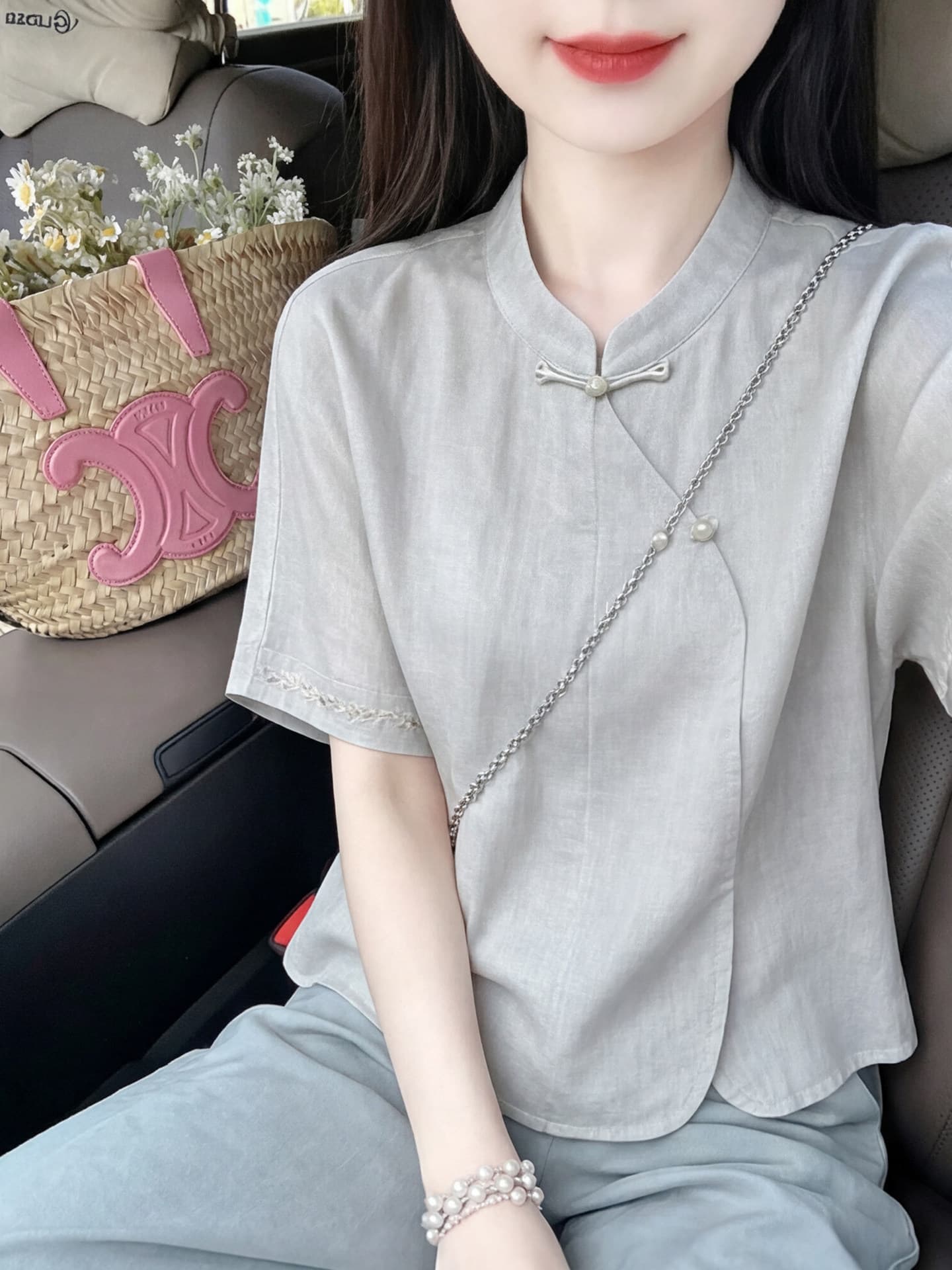 새로운 중식 스탠드 칼라 모방 아마 여성 셔츠 여름 개선 단추 자수 반팔 루즈핏 국풍 품격 작은 셔츠 맨위 상세 이미지 2