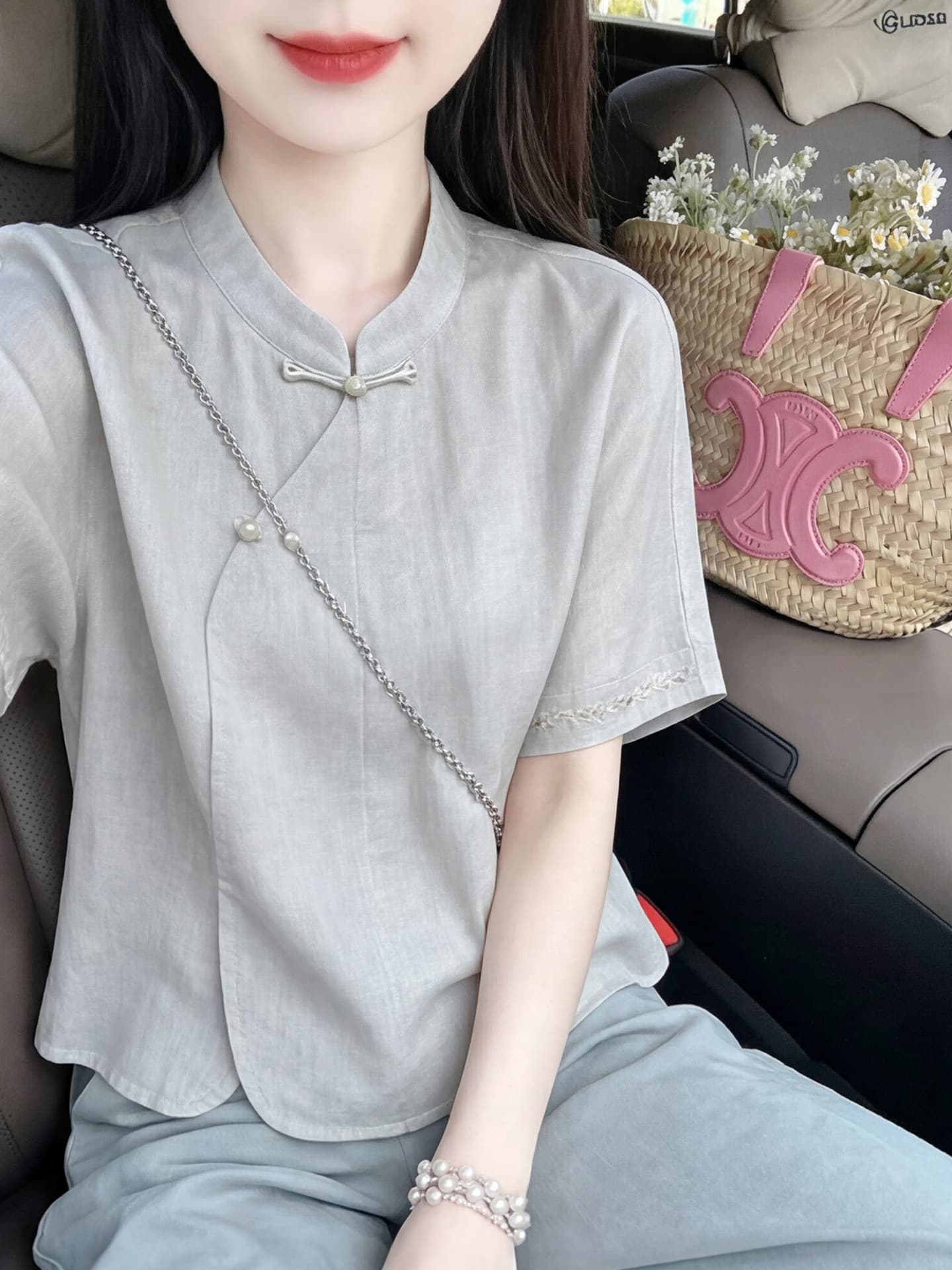 새로운 중식 스탠드 칼라 모방 아마 여성 셔츠 여름 개선 단추 자수 반팔 루즈핏 국풍 품격 작은 셔츠 맨위 상세 이미지 8