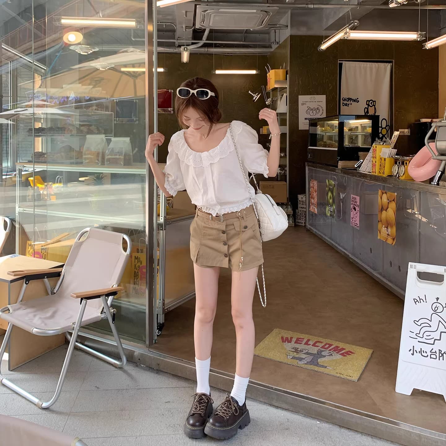 프랑스식 낭만주의 자카드 오프숄더 둘 착용 반팔 여성 셔츠 여름 새로운 품격 레이스 몸매 가꾸기 맨위 이미지 3