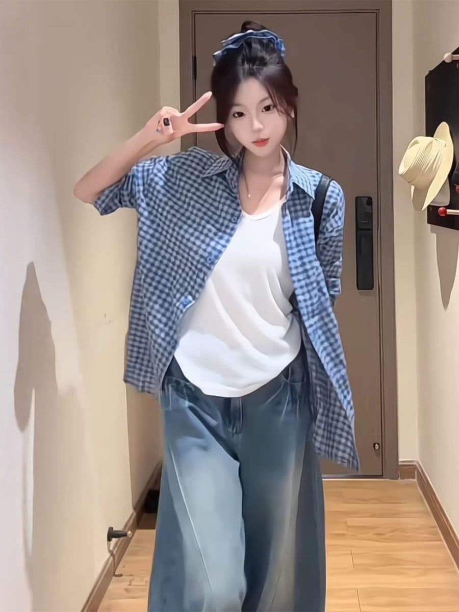 벨트 머리카락 서클 격자 무늬 셔츠 여성 코트 여름 2026 새로운 달콤함 루즈핏 캐주얼 안감 상세 이미지 3
