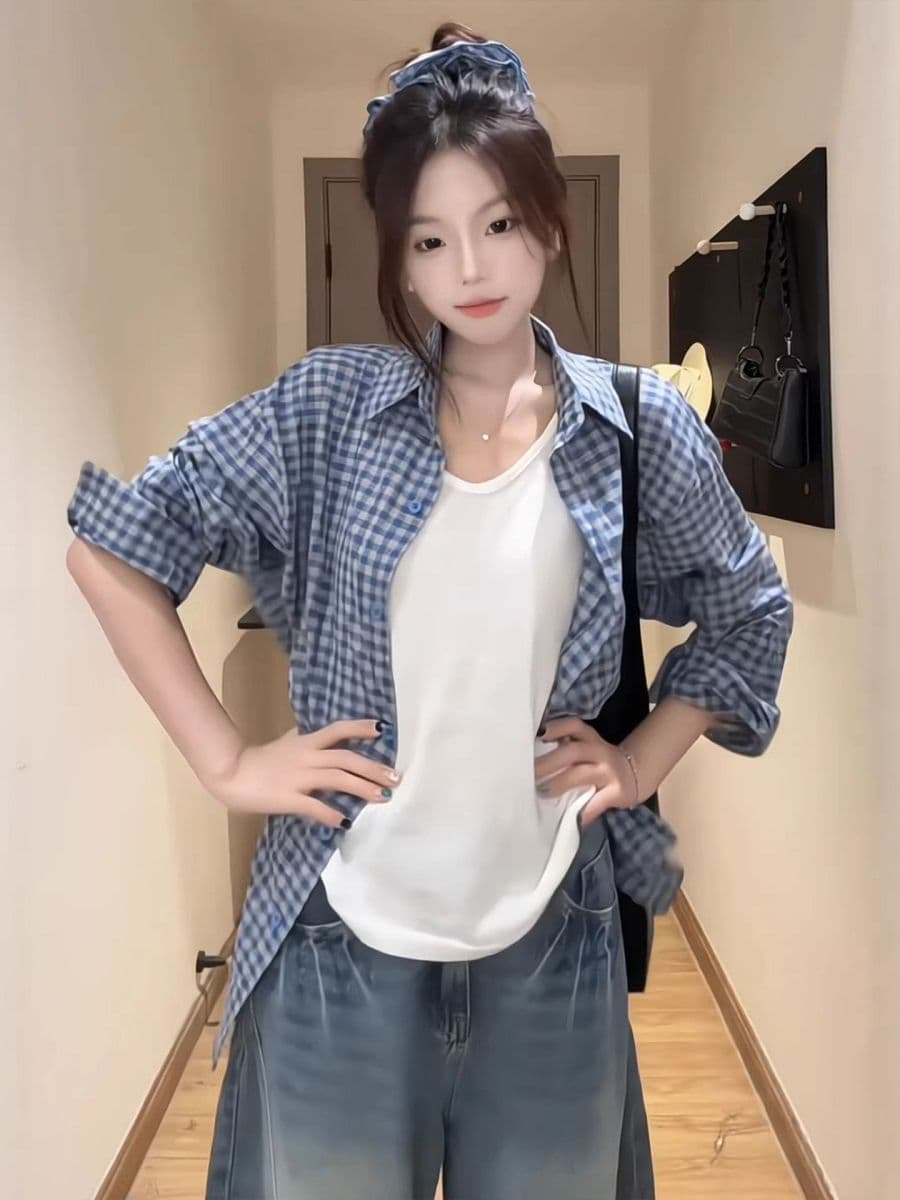 벨트 머리카락 서클 격자 무늬 셔츠 여성 코트 여름 2026 새로운 달콤함 루즈핏 캐주얼 안감 상세 이미지 4