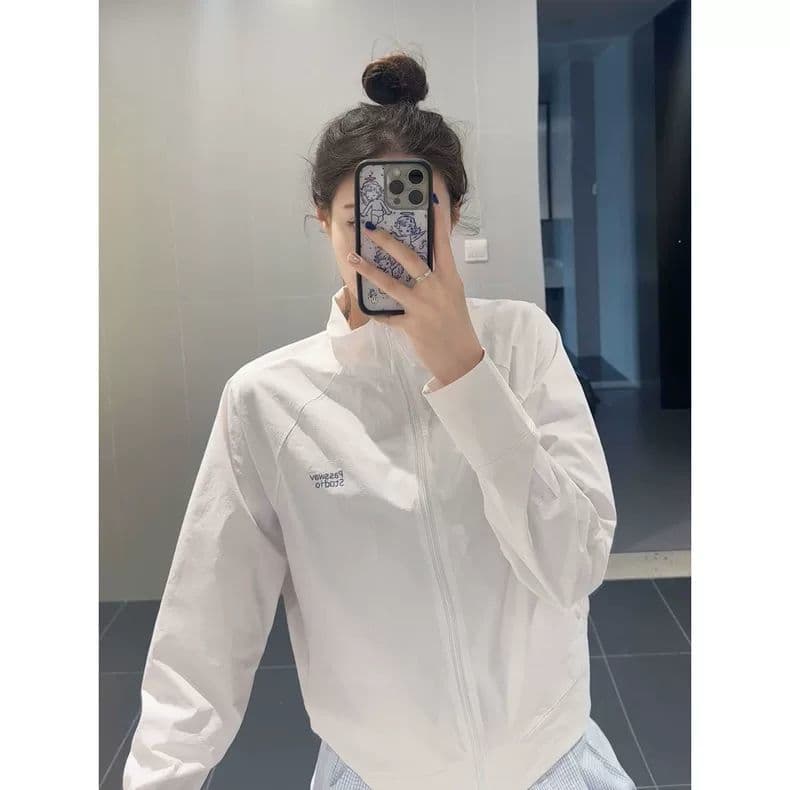 한 부서 스탠드 칼라 화이트 자외선 차단 새로운 자켓 얇은 스타일 재킷 여름 루즈핏 캐주얼 통기성 재킷 긴팔 여성
