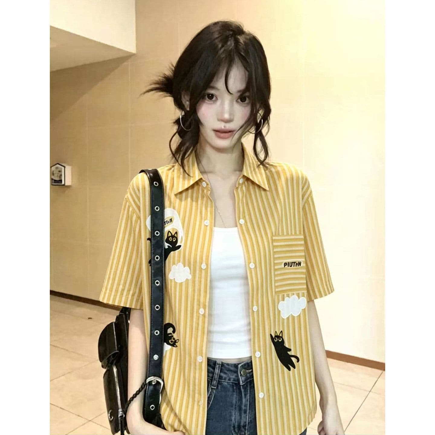 아메리칸 레트로 스트라이프 고양이 만화 자수 디자인 센스 셔츠 반팔 여성 여름 느긋한 바람 셔츠 트렌디