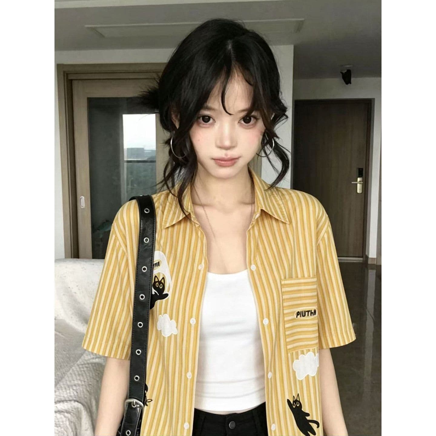 아메리칸 레트로 스트라이프 고양이 만화 자수 디자인 센스 셔츠 반팔 여성 여름 느긋한 바람 셔츠 트렌디 이미지 2