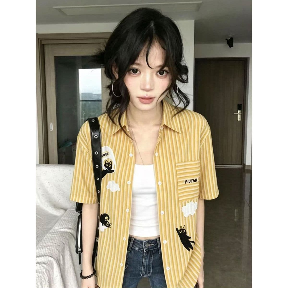 아메리칸 레트로 스트라이프 고양이 만화 자수 디자인 센스 셔츠 반팔 여성 여름 느긋한 바람 셔츠 트렌디 상세 이미지 3