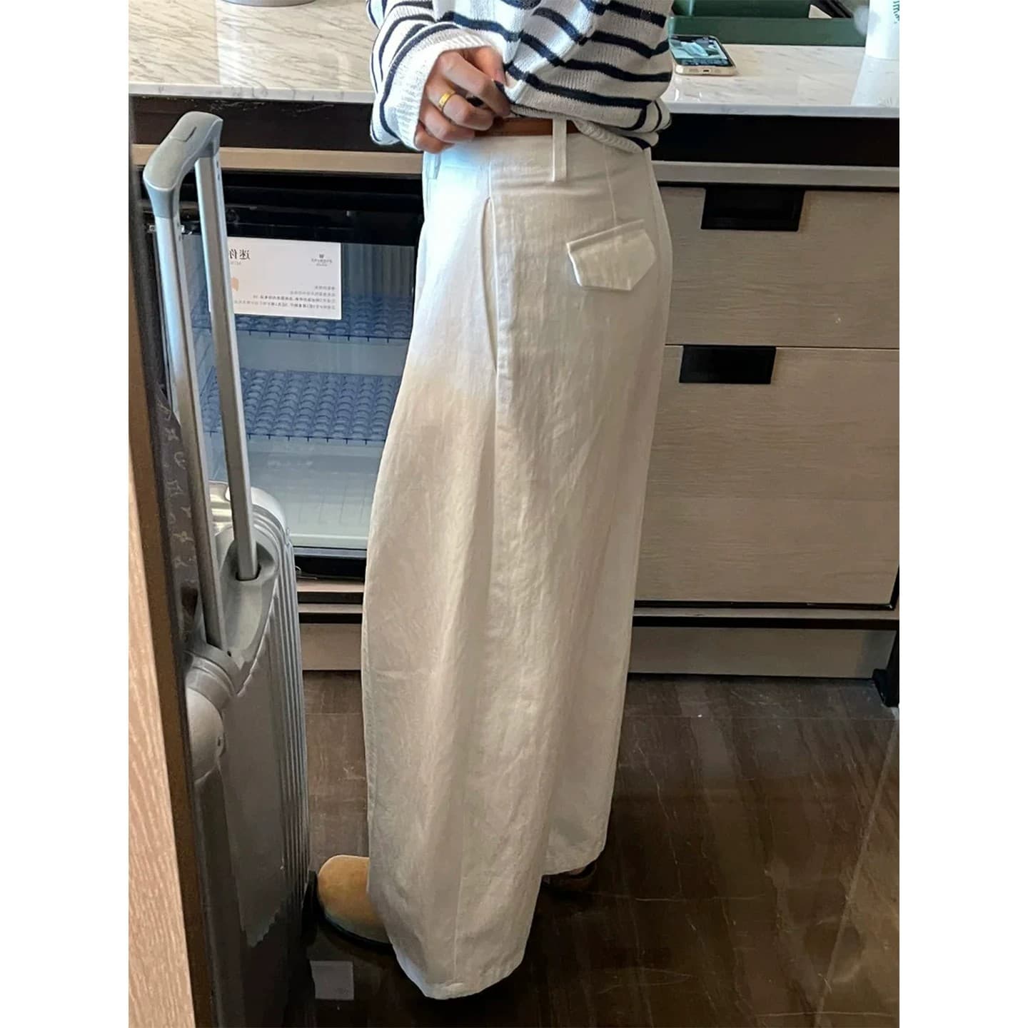 화이트 면 린넨 와이드 레깅스 바지 여름 얇은 스타일 통통한 여동생 mm 느긋한 바람 하이웨이스트 루즈핏 스트레이트 캐주얼 9부 바지