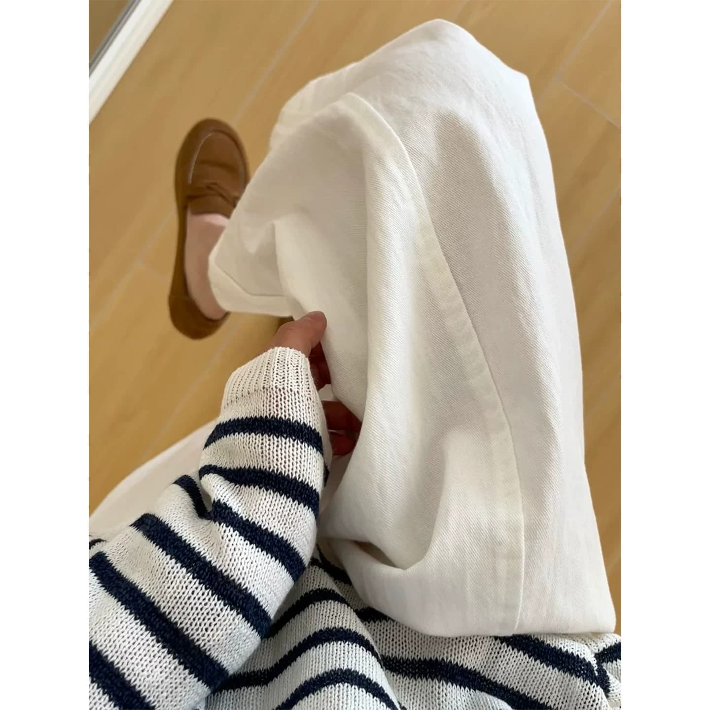 화이트 면 린넨 와이드 레깅스 바지 여름 얇은 스타일 통통한 여동생 mm 느긋한 바람 하이웨이스트 루즈핏 스트레이트 캐주얼 9부 바지 이미지 5