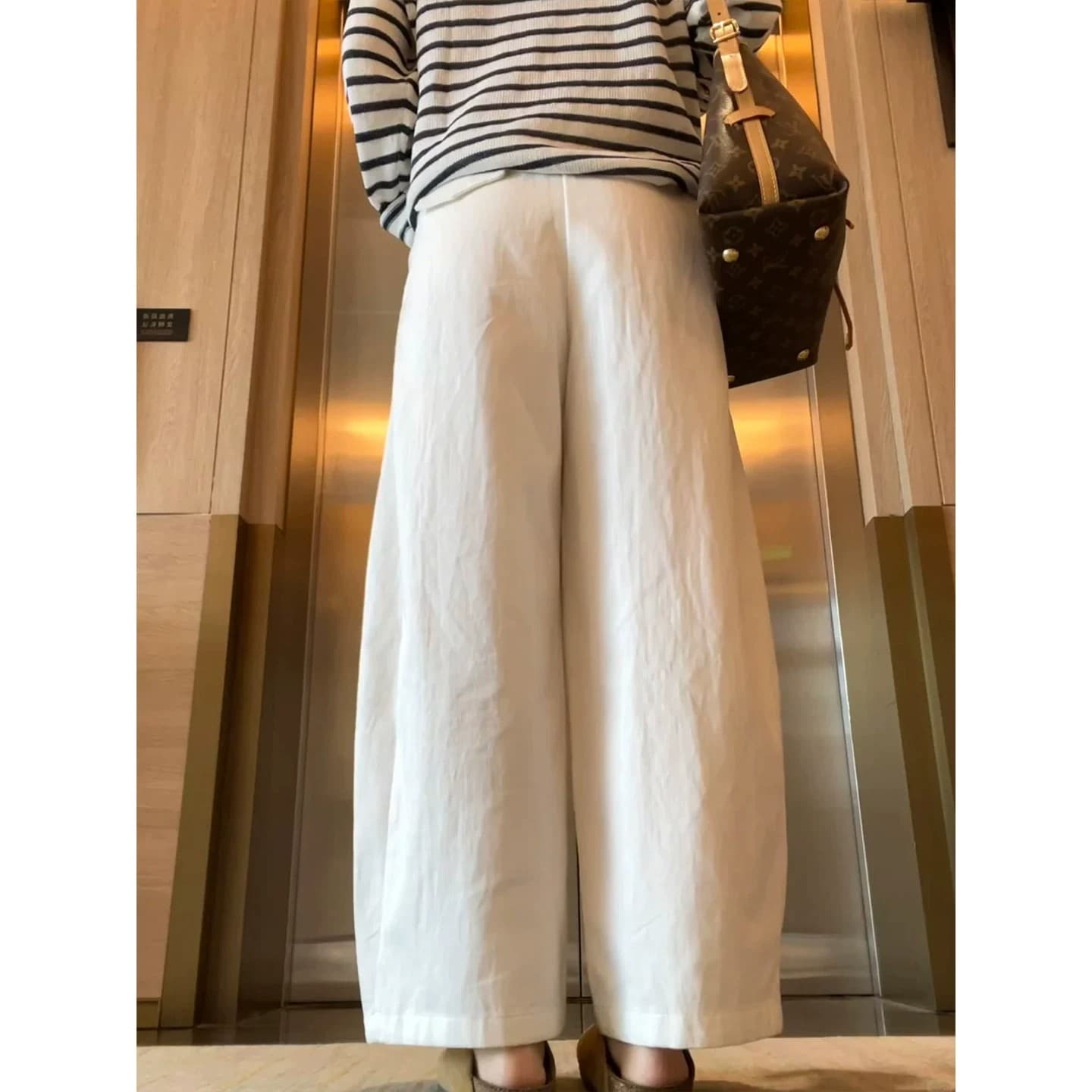 화이트 면 린넨 와이드 레깅스 바지 여름 얇은 스타일 통통한 여동생 mm 느긋한 바람 하이웨이스트 루즈핏 스트레이트 캐주얼 9부 바지 이미지 3