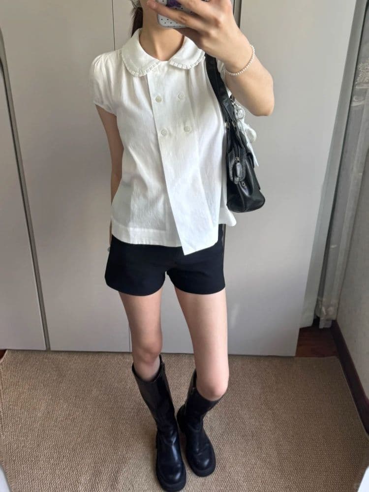 부서 달콤한 스타일 베이비 칼라 거품 소매 여성 셔츠 여름 화이트 슬림해 보이는 이중 버튼 디자인 센스 이미지 4