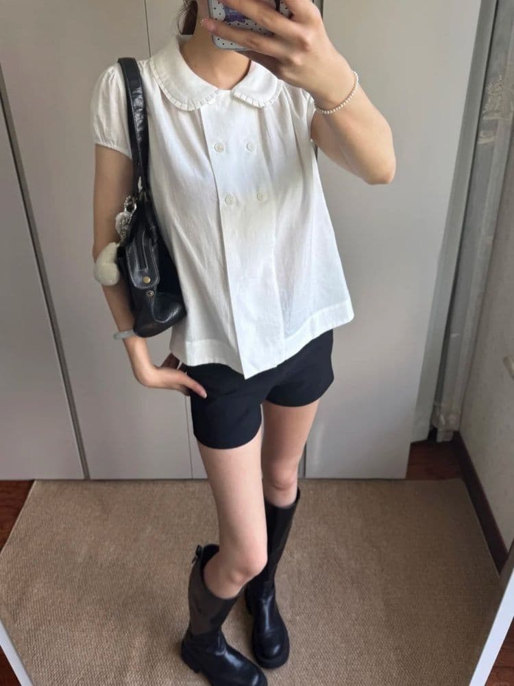 부서 달콤한 스타일 베이비 칼라 거품 소매 여성 셔츠 여름 화이트 슬림해 보이는 이중 버튼 디자인 센스