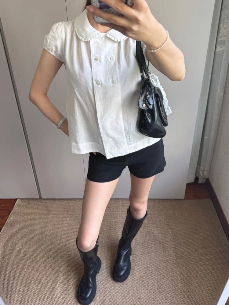 부서 달콤한 스타일 베이비 칼라 거품 소매 여성 셔츠 여름 화이트 슬림해 보이는 이중 버튼 디자인 센스 상세 이미지 3