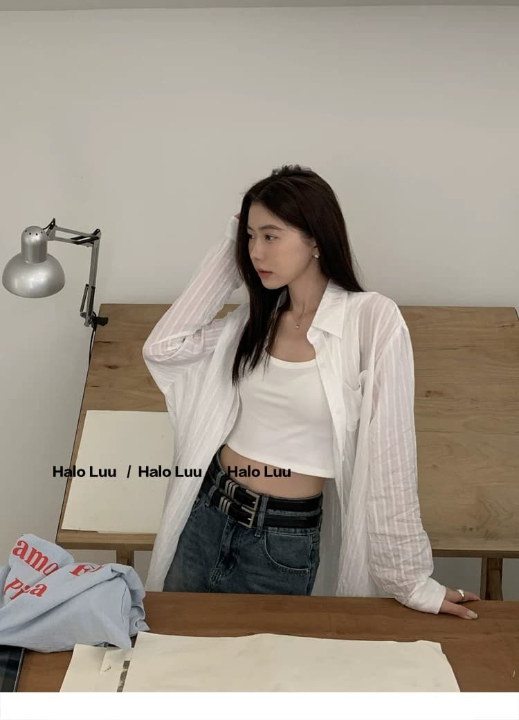 화이트 스트라이프 긴팔 여성 셔츠 디자인 센스 외부 가져 가라. 자외선 차단 셔츠 루즈핏 얇은 스타일 품격 맨위 상세 이미지 10