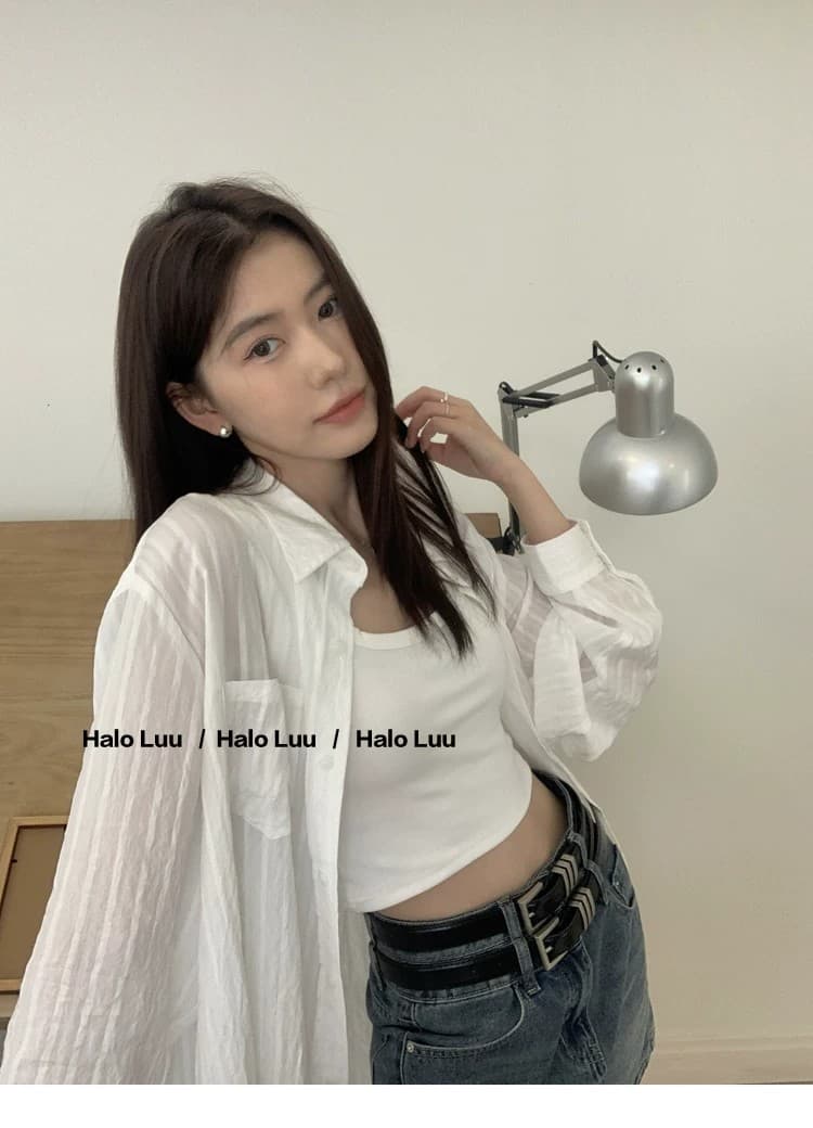 화이트 스트라이프 긴팔 여성 셔츠 디자인 센스 외부 가져 가라. 자외선 차단 셔츠 루즈핏 얇은 스타일 품격 맨위 상세 이미지 14