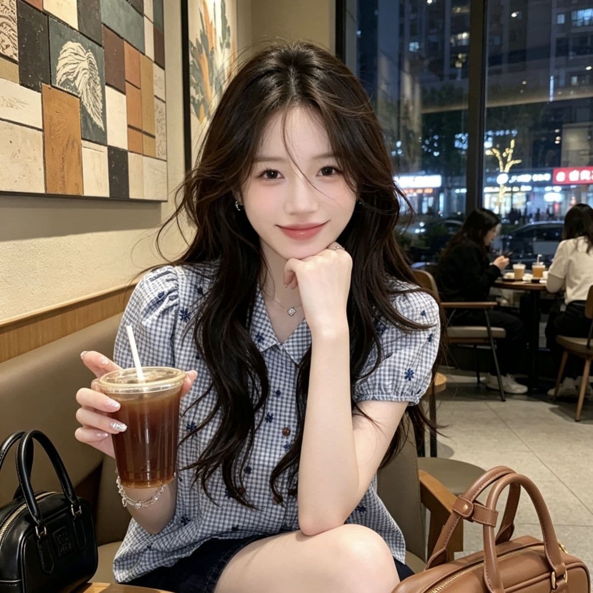 파란색 체크무늬 베이비 칼라 셔츠 초여름 2026 새로운 자수 이중 버튼 인형 셔츠 작은 키 달콤함 맨위 상세 이미지 1