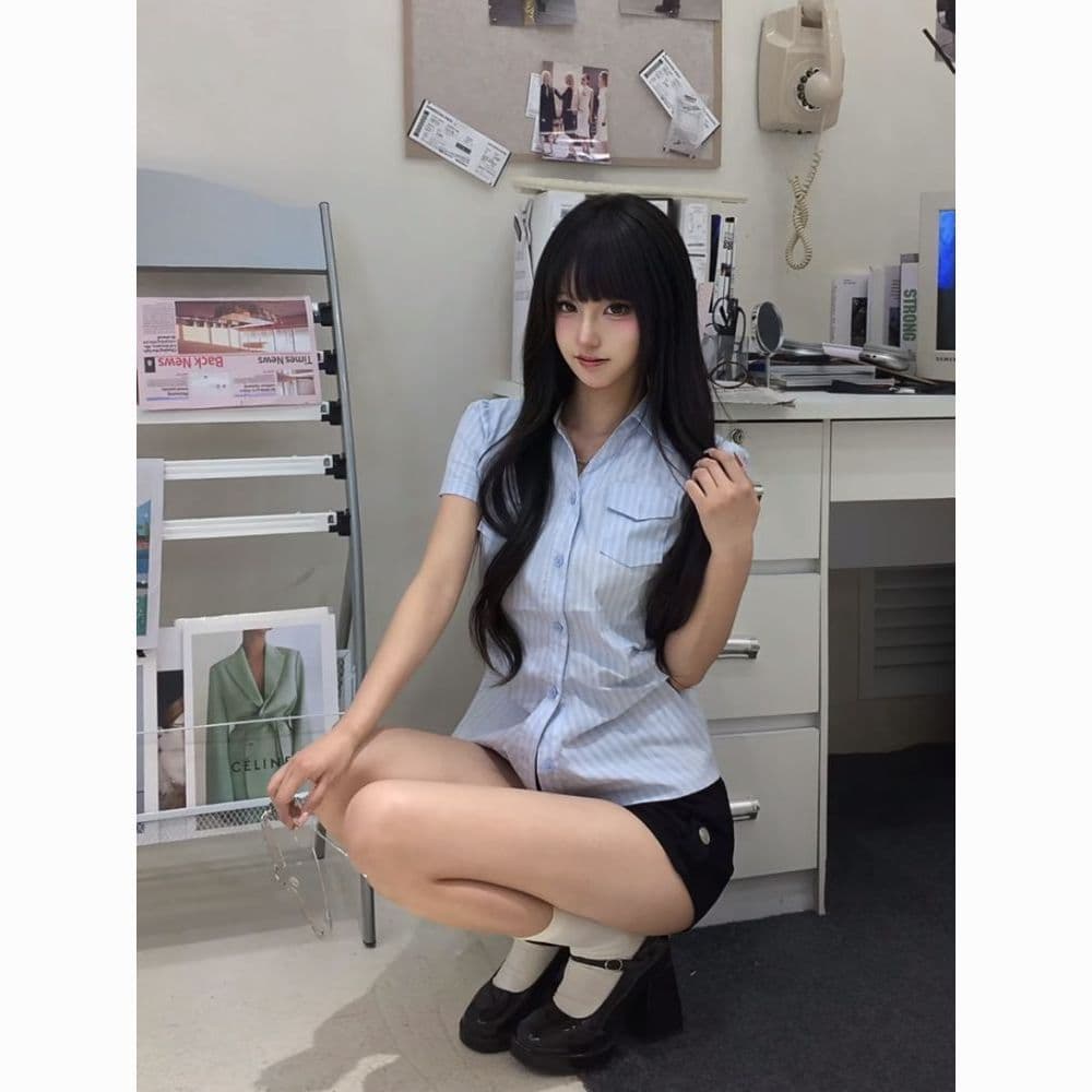 한 부서 연령 감소 긍정적 인 어깨 스트라이프 몸매 가꾸기 polo 여름 달콤함 새로운 반팔 디자인 셔츠 파란색 맨위 얇은 스타일