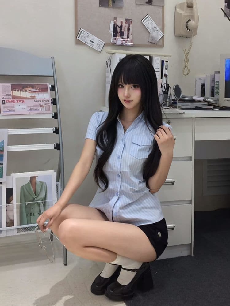 한 부서 연령 감소 긍정적 인 어깨 스트라이프 몸매 가꾸기 polo 여름 달콤함 새로운 반팔 디자인 셔츠 파란색 맨위 얇은 스타일 상세 이미지 2