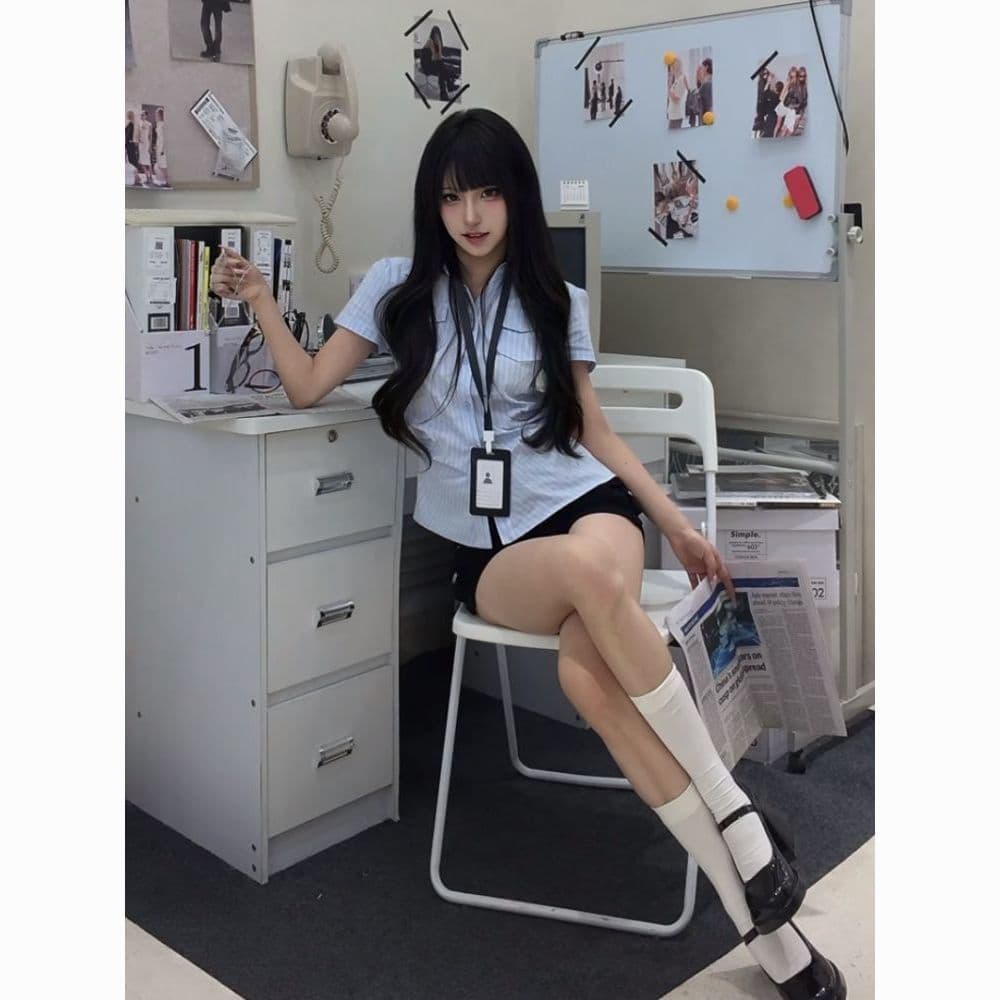 한 부서 연령 감소 긍정적 인 어깨 스트라이프 몸매 가꾸기 polo 여름 달콤함 새로운 반팔 디자인 셔츠 파란색 맨위 얇은 스타일 상세 이미지 3