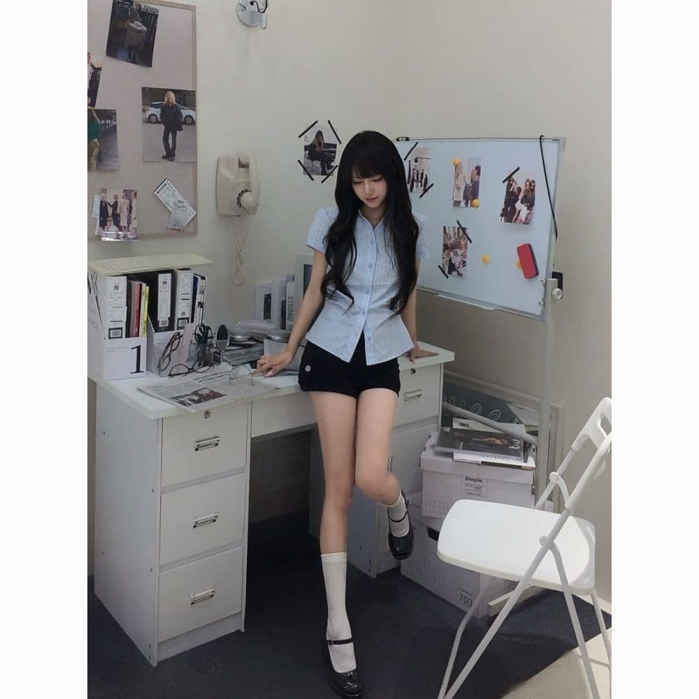 한 부서 연령 감소 긍정적 인 어깨 스트라이프 몸매 가꾸기 polo 여름 달콤함 새로운 반팔 디자인 셔츠 파란색 맨위 얇은 스타일 상세 이미지 4