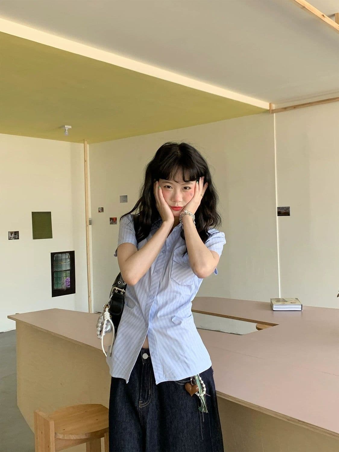 한 부서 연령 감소 긍정적 인 어깨 스트라이프 몸매 가꾸기 polo 여름 달콤함 새로운 반팔 디자인 셔츠 파란색 맨위 얇은 스타일 상세 이미지 1