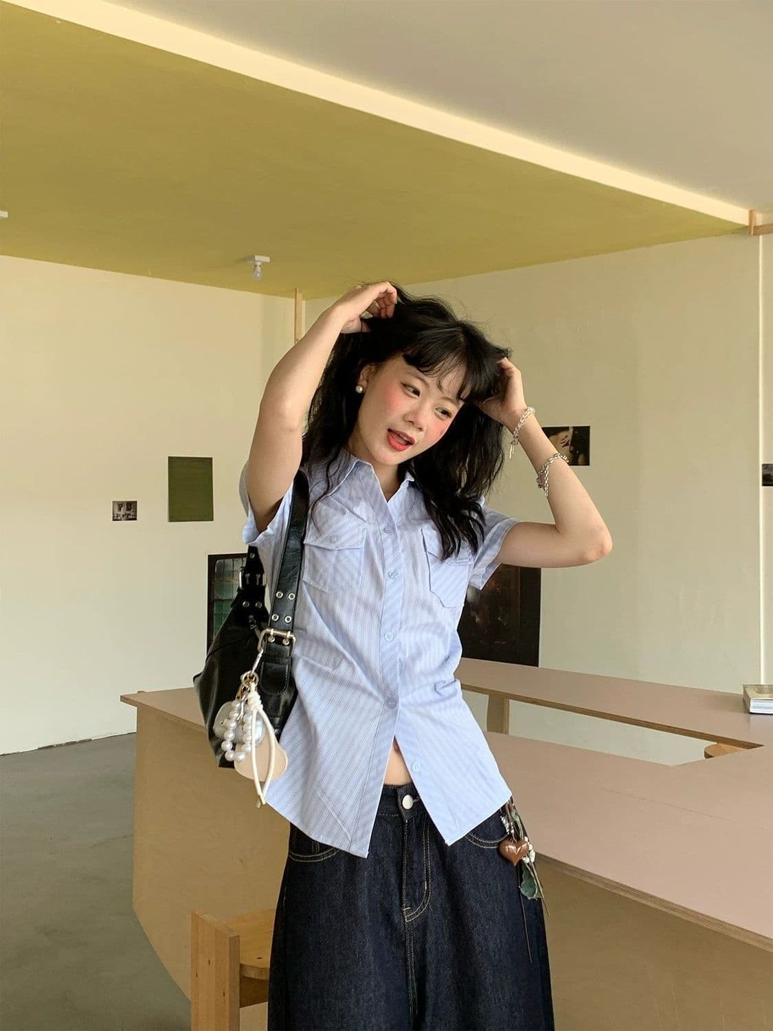 한 부서 연령 감소 긍정적 인 어깨 스트라이프 몸매 가꾸기 polo 여름 달콤함 새로운 반팔 디자인 셔츠 파란색 맨위 얇은 스타일 상세 이미지 2