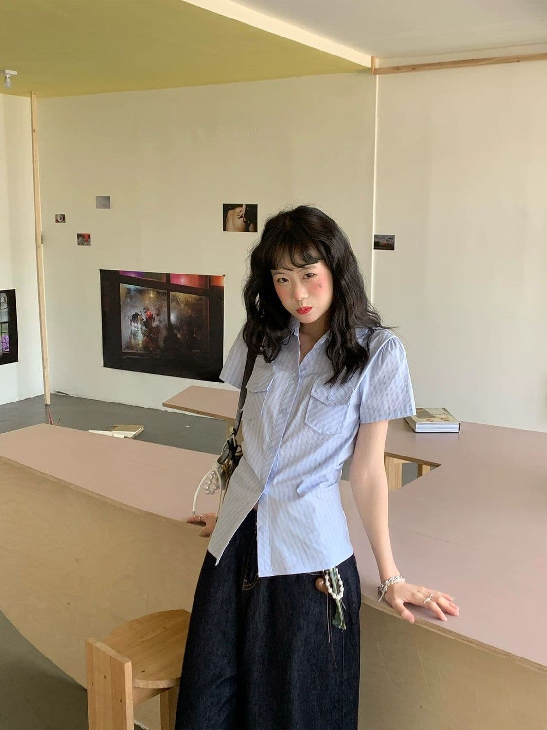 한 부서 연령 감소 긍정적 인 어깨 스트라이프 몸매 가꾸기 polo 여름 달콤함 새로운 반팔 디자인 셔츠 파란색 맨위 얇은 스타일 상세 이미지 4