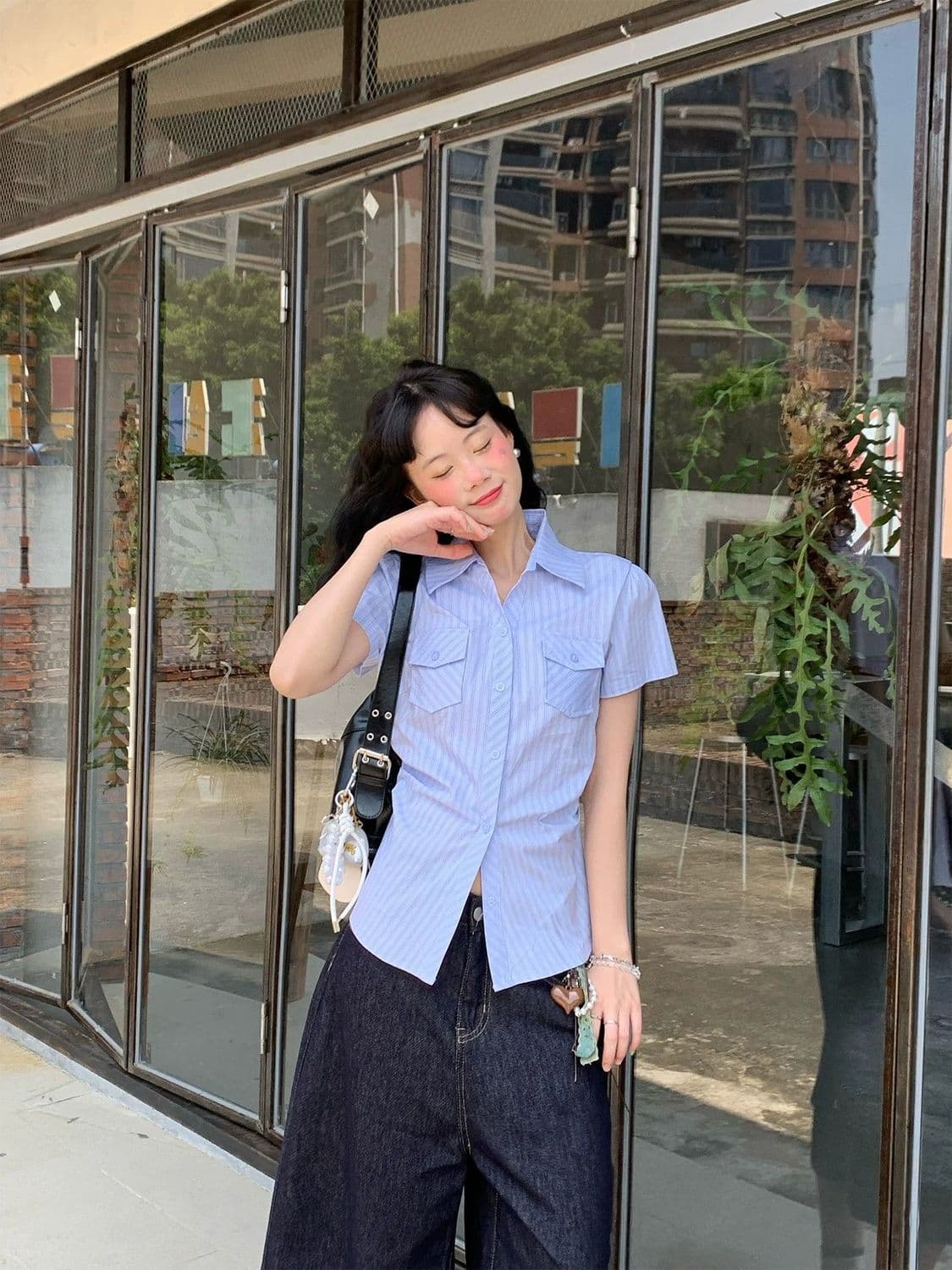 한 부서 연령 감소 긍정적 인 어깨 스트라이프 몸매 가꾸기 polo 여름 달콤함 새로운 반팔 디자인 셔츠 파란색 맨위 얇은 스타일 상세 이미지 6