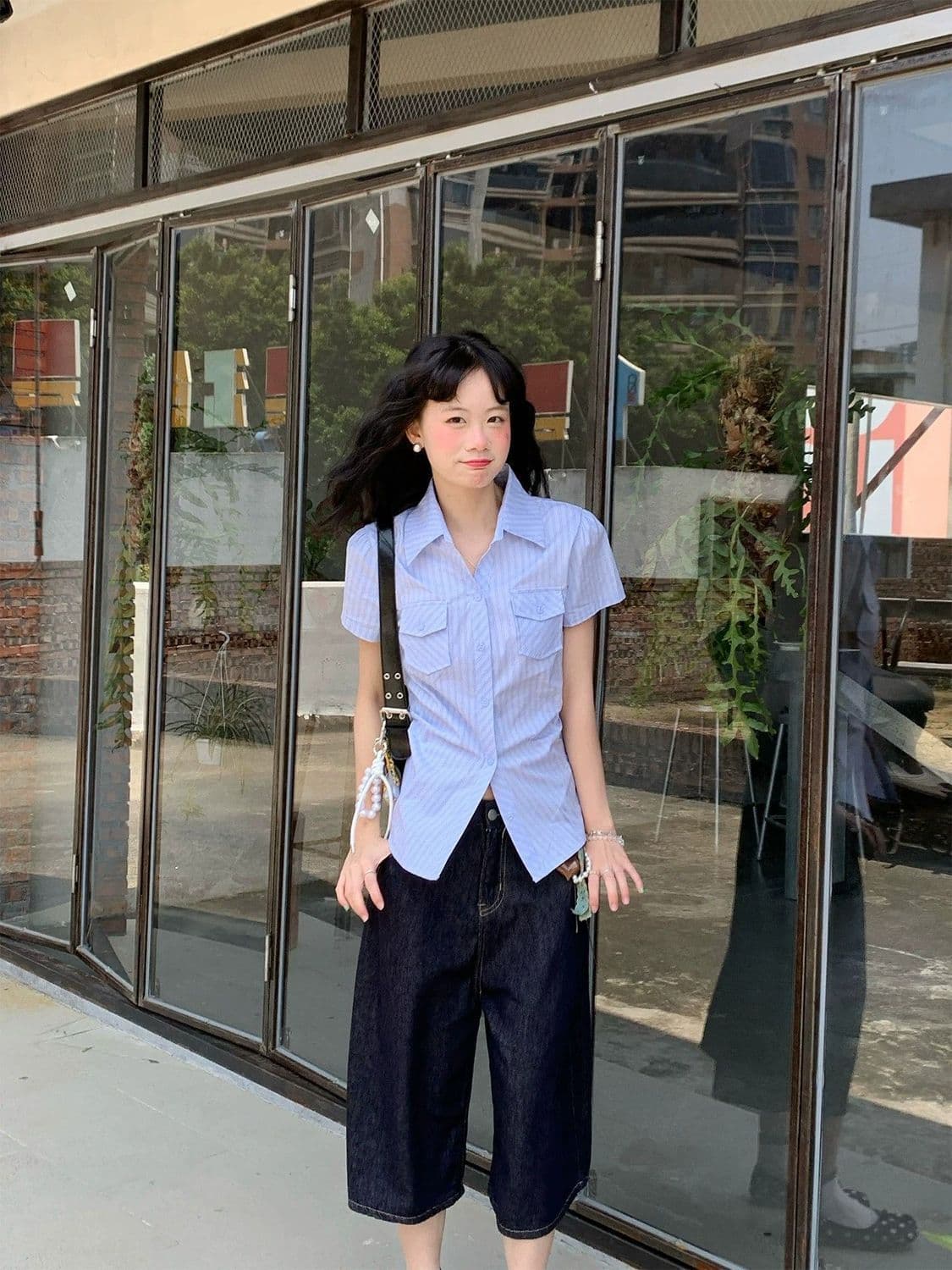 한 부서 연령 감소 긍정적 인 어깨 스트라이프 몸매 가꾸기 polo 여름 달콤함 새로운 반팔 디자인 셔츠 파란색 맨위 얇은 스타일 상세 이미지 8