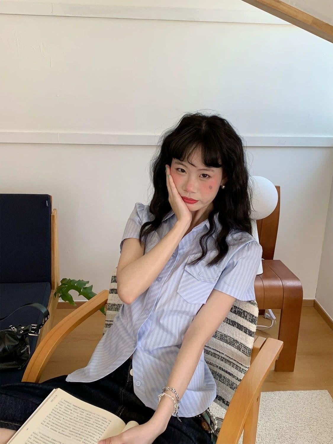 한 부서 연령 감소 긍정적 인 어깨 스트라이프 몸매 가꾸기 polo 여름 달콤함 새로운 반팔 디자인 셔츠 파란색 맨위 얇은 스타일 상세 이미지 10