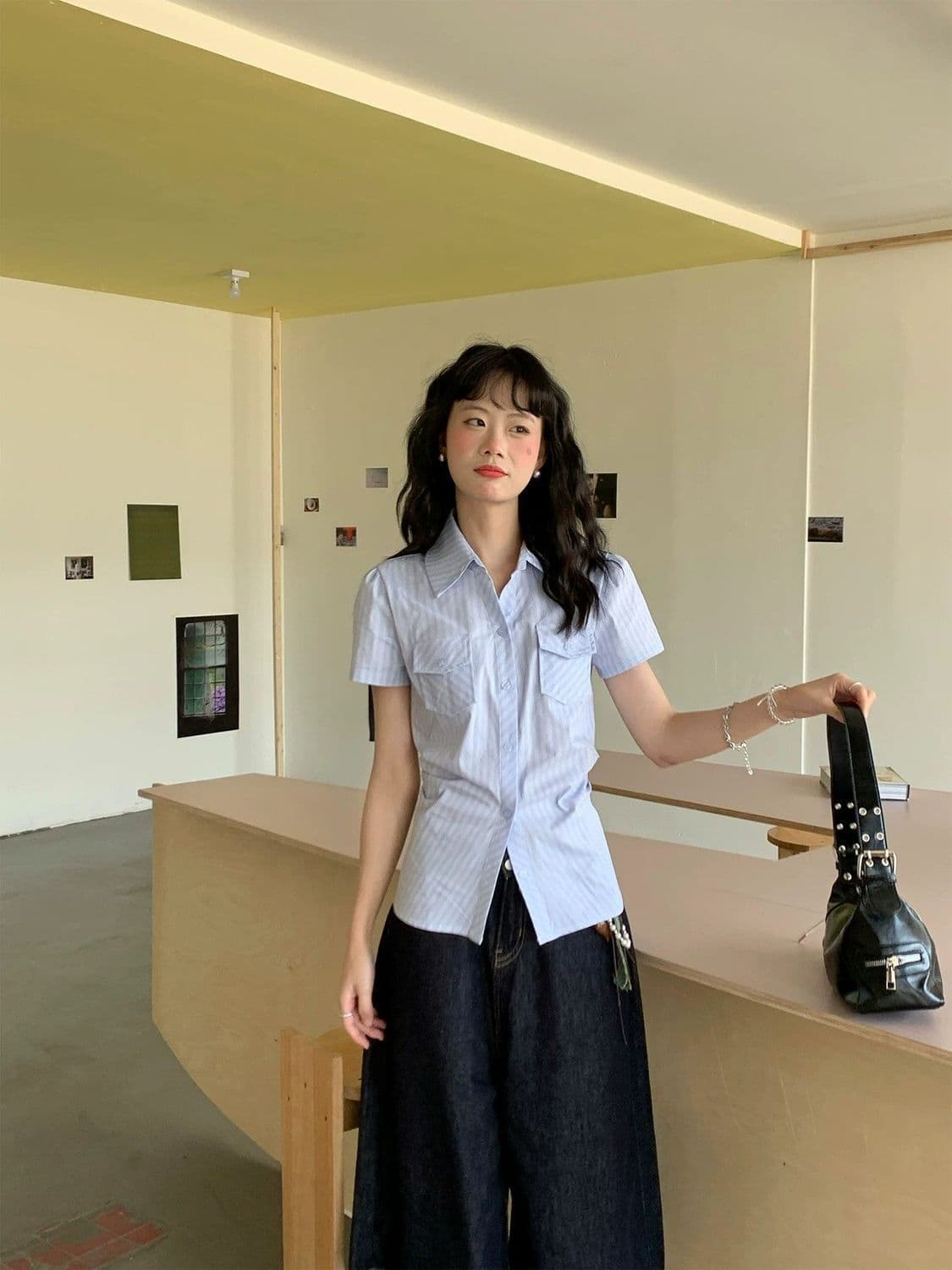 한 부서 연령 감소 긍정적 인 어깨 스트라이프 몸매 가꾸기 polo 여름 달콤함 새로운 반팔 디자인 셔츠 파란색 맨위 얇은 스타일 상세 이미지 11