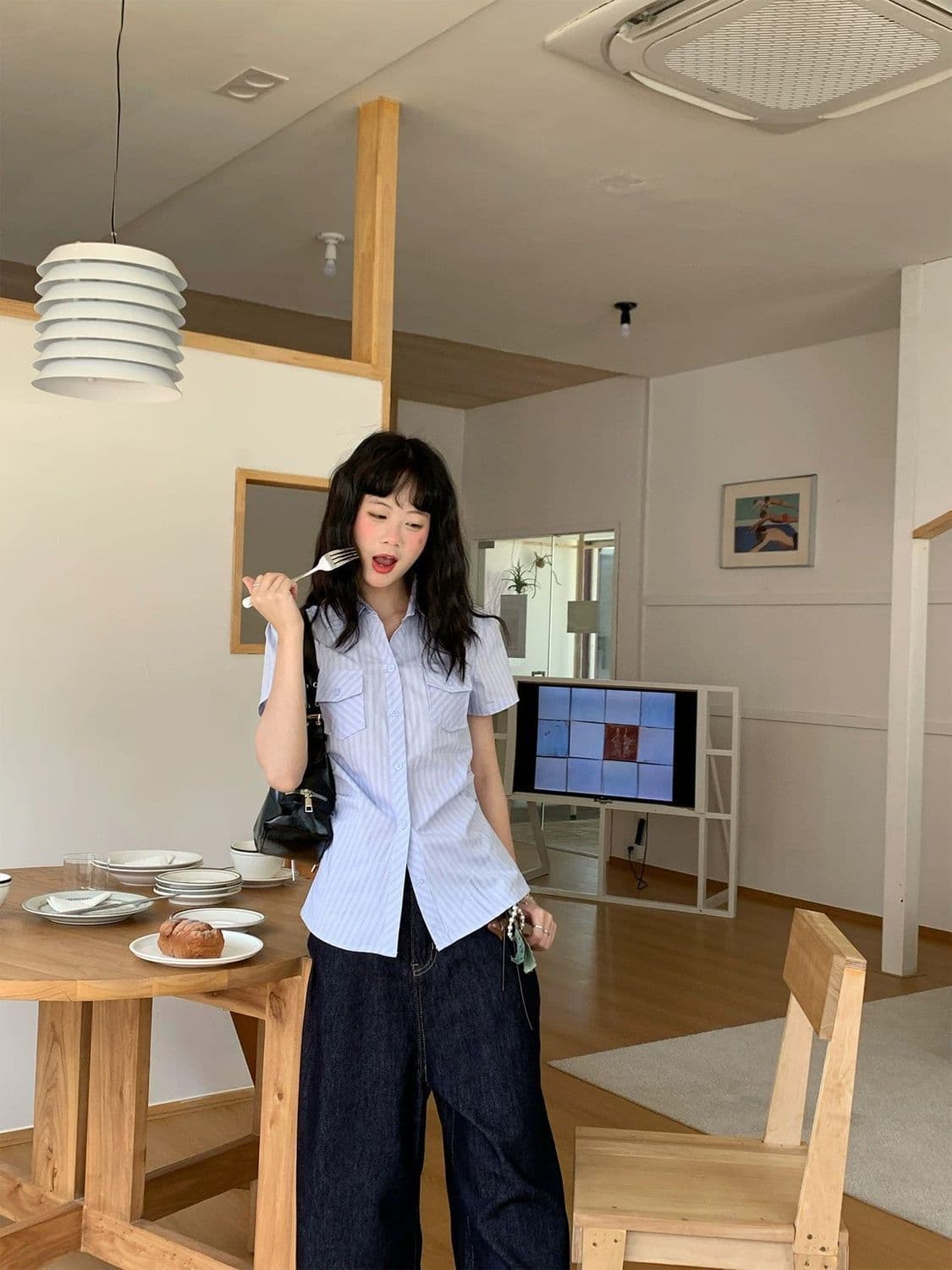 한 부서 연령 감소 긍정적 인 어깨 스트라이프 몸매 가꾸기 polo 여름 달콤함 새로운 반팔 디자인 셔츠 파란색 맨위 얇은 스타일 상세 이미지 13