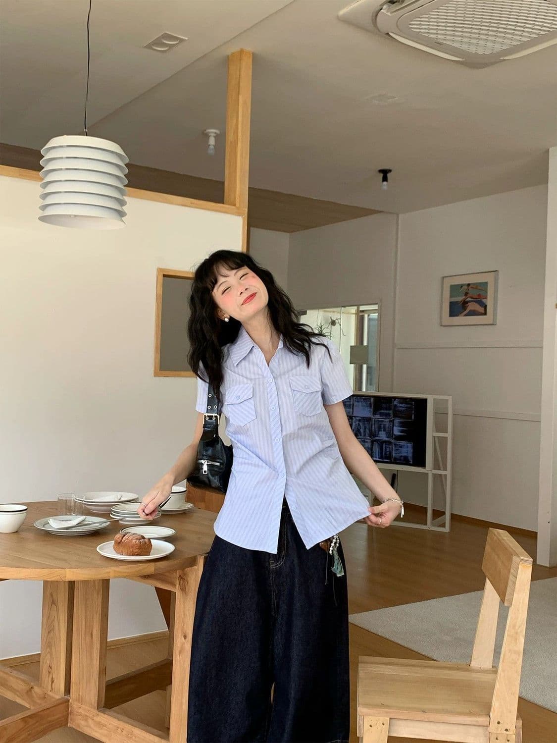 한 부서 연령 감소 긍정적 인 어깨 스트라이프 몸매 가꾸기 polo 여름 달콤함 새로운 반팔 디자인 셔츠 파란색 맨위 얇은 스타일 상세 이미지 14