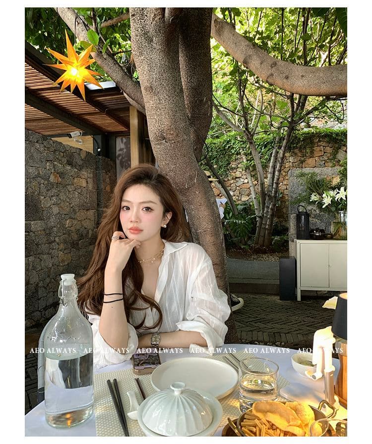 화이트 오래된 돈 바람 질감 센스 루즈핏 세로 줄무늬 화이트 여성 셔츠 한국 스타일 얇고 가벼운 긴팔 셔츠 ins 상세 이미지 11