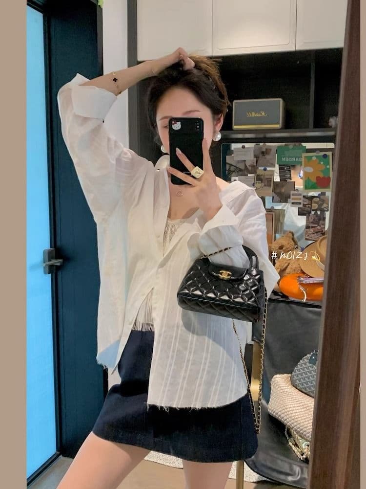 화이트 오래된 돈 바람 질감 센스 루즈핏 세로 줄무늬 화이트 여성 셔츠 한국 스타일 얇고 가벼운 긴팔 셔츠 ins 상세 이미지 7