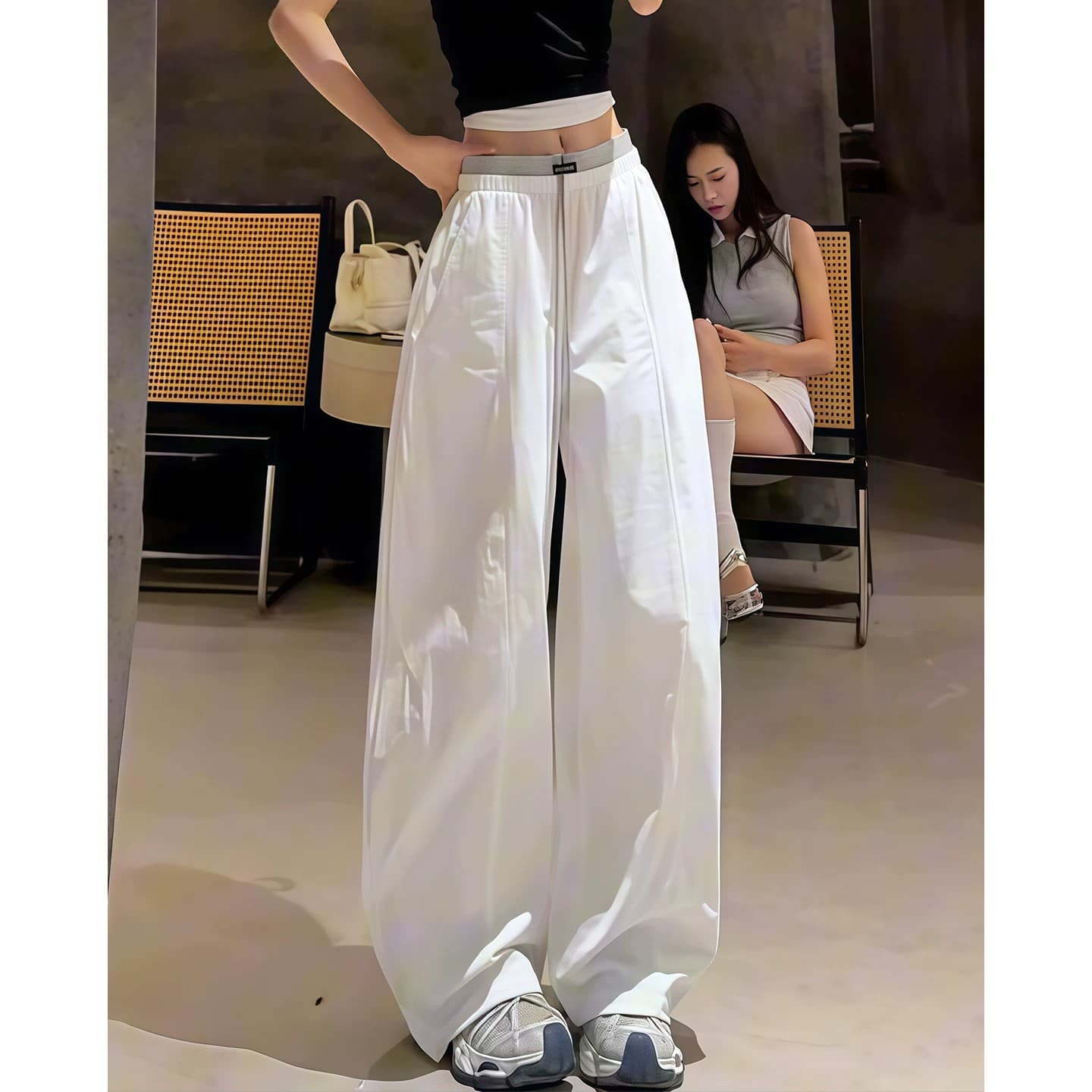 일본식 화이트 배색 허리 미드 라인 와이드 레깅스 바지 여름 2026 새로운 미니멀리즘 바람 루즈핏 슬림해 보이는 캐주얼 긴 바지 이미지 3