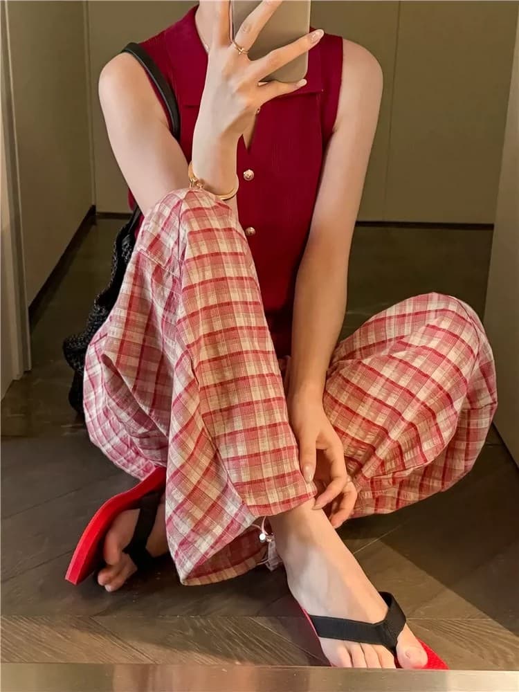 가을 체크무늬 와이드 레깅스 바지 순면 새로운 하이웨이스트 다용도 슬림해 보이는 연령 감소 느긋한 바람 캐주얼 바지 상세 이미지 9