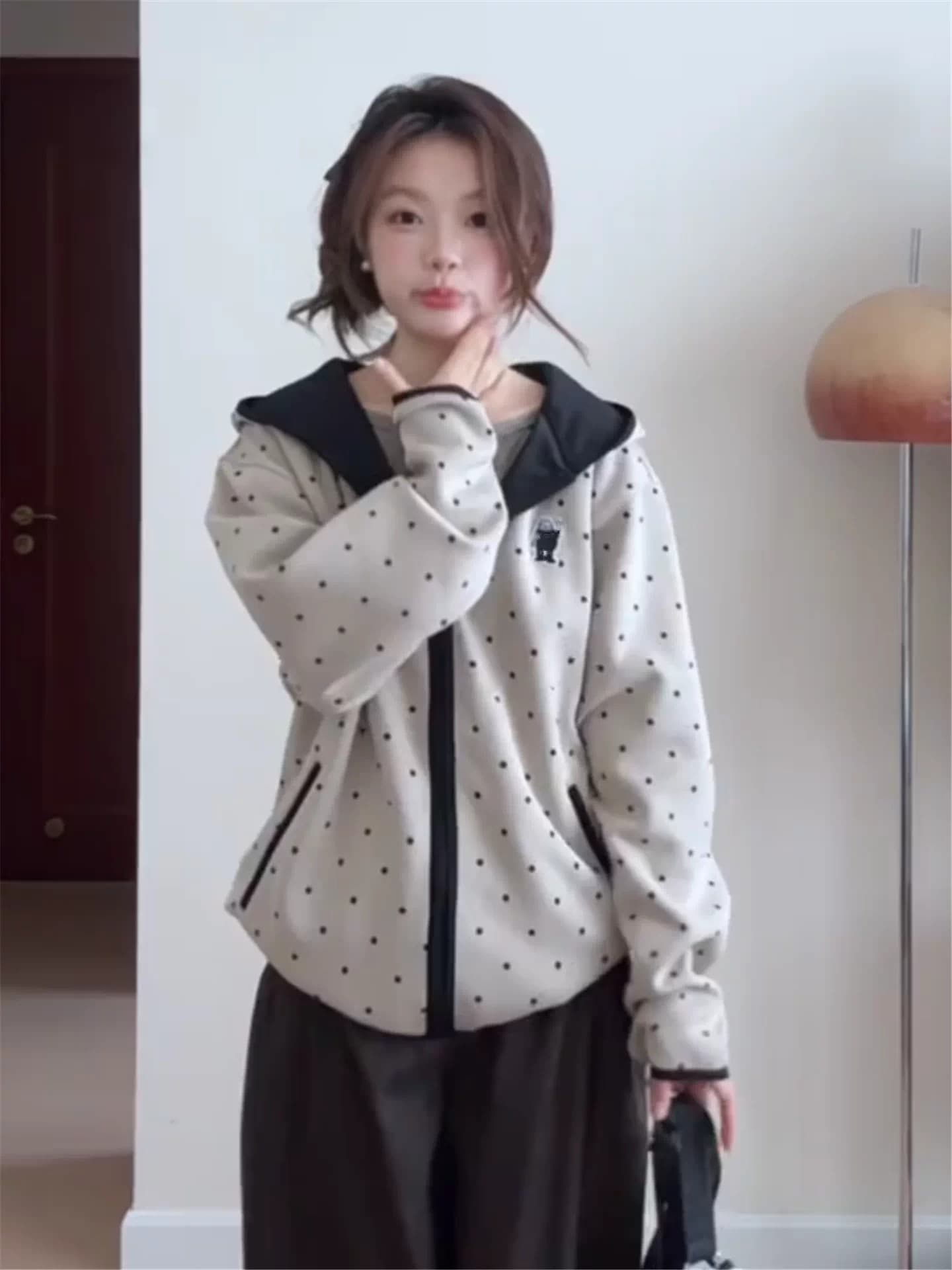 가을로 필수 배색 지퍼 한 부서 도트 무늬 후드 오픈 가디건 맨위 여성 루즈핏 캐주얼 후드티 재킷 상세 이미지 6