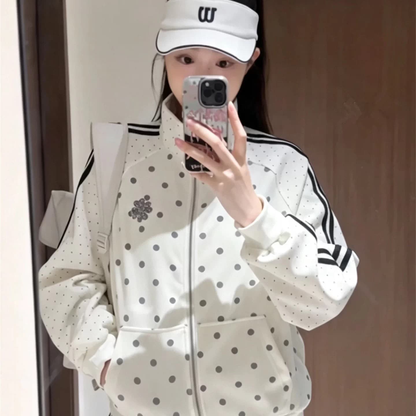 한 부서 도트 무늬 여성 코트 가을 새로운 oversize 작은 대중 스탠드 칼라 루즈핏 야구 유니폼 캐주얼 운동 재킷 이미지 4