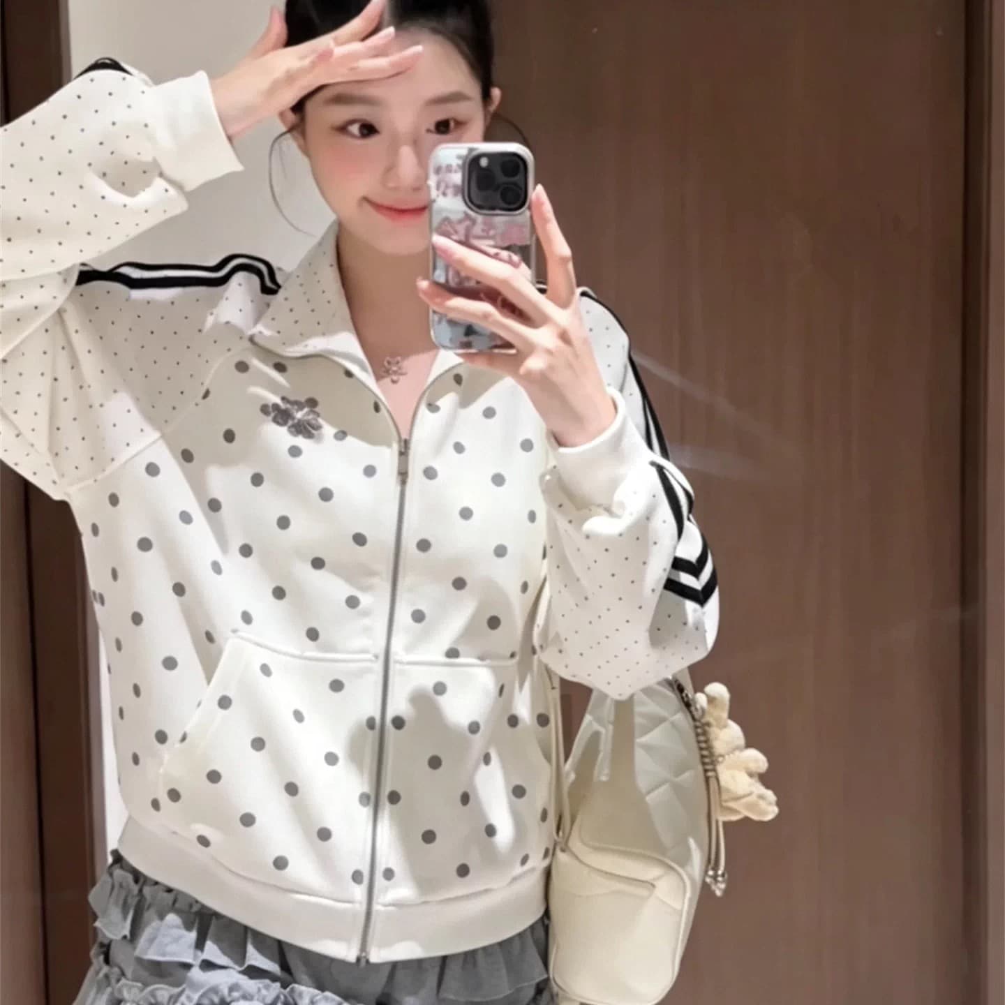 한 부서 도트 무늬 여성 코트 가을 새로운 oversize 작은 대중 스탠드 칼라 루즈핏 야구 유니폼 캐주얼 운동 재킷 이미지 2